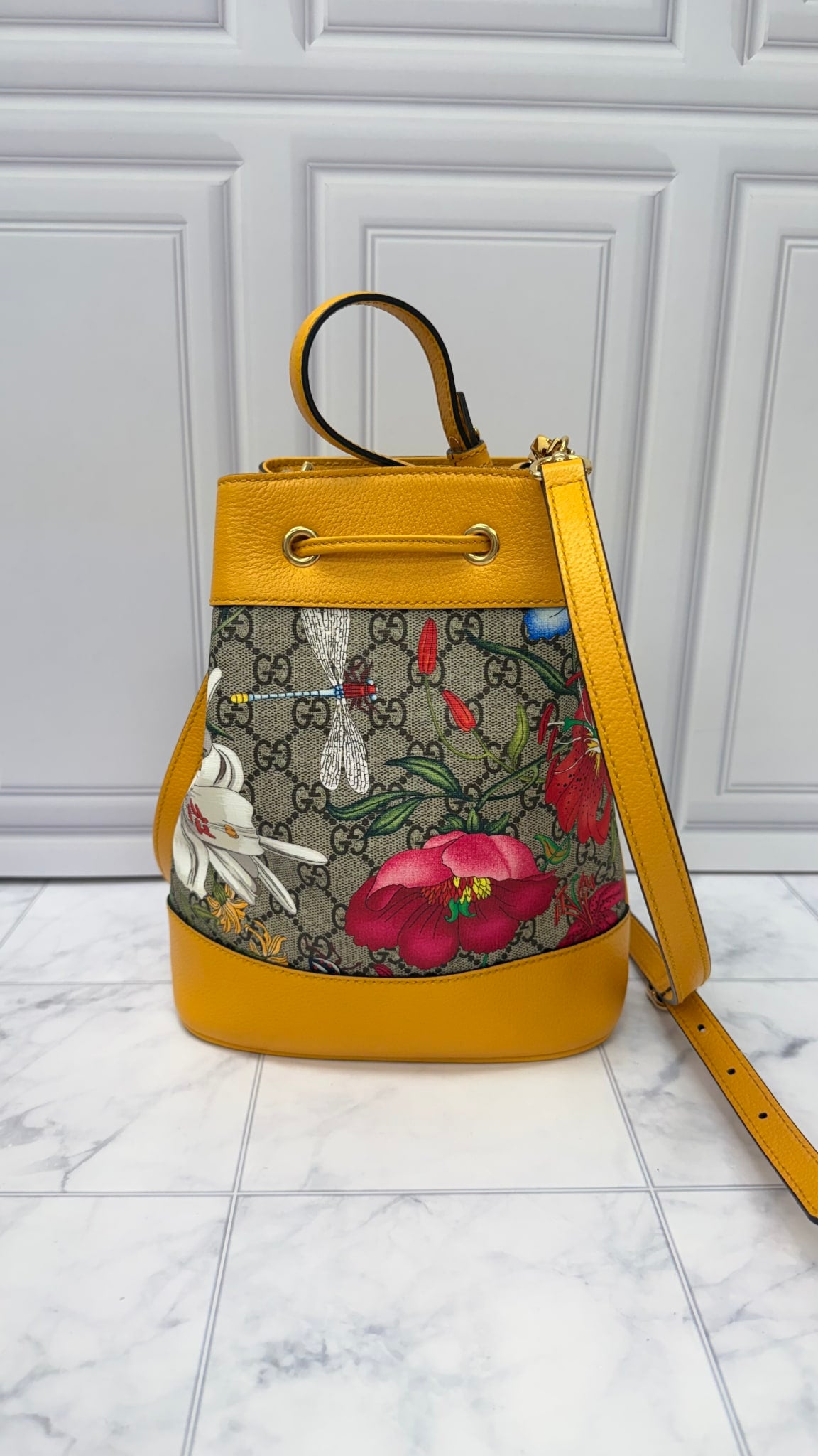 BRAND NEW - Gucci Yellow GG Supreme Flora Ophidia Bucket Bag 