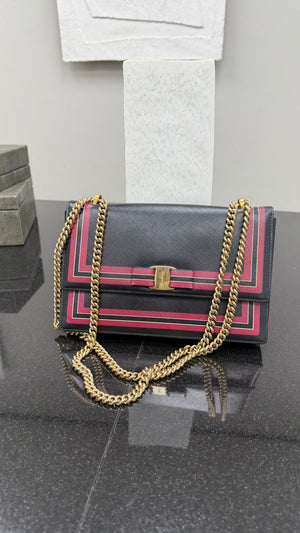 Salvatore Ferragamo Black Leather Pink Striped Chain Bag