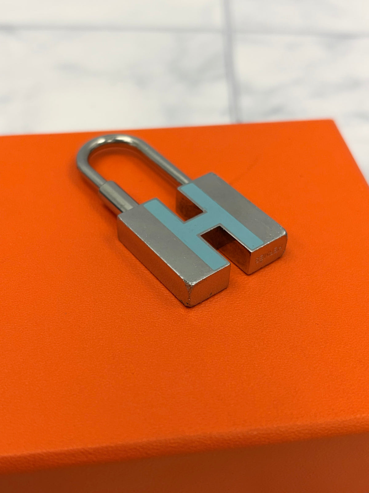 Hermes Silver Tone & Blue H Motif Cadena Padlock Charm