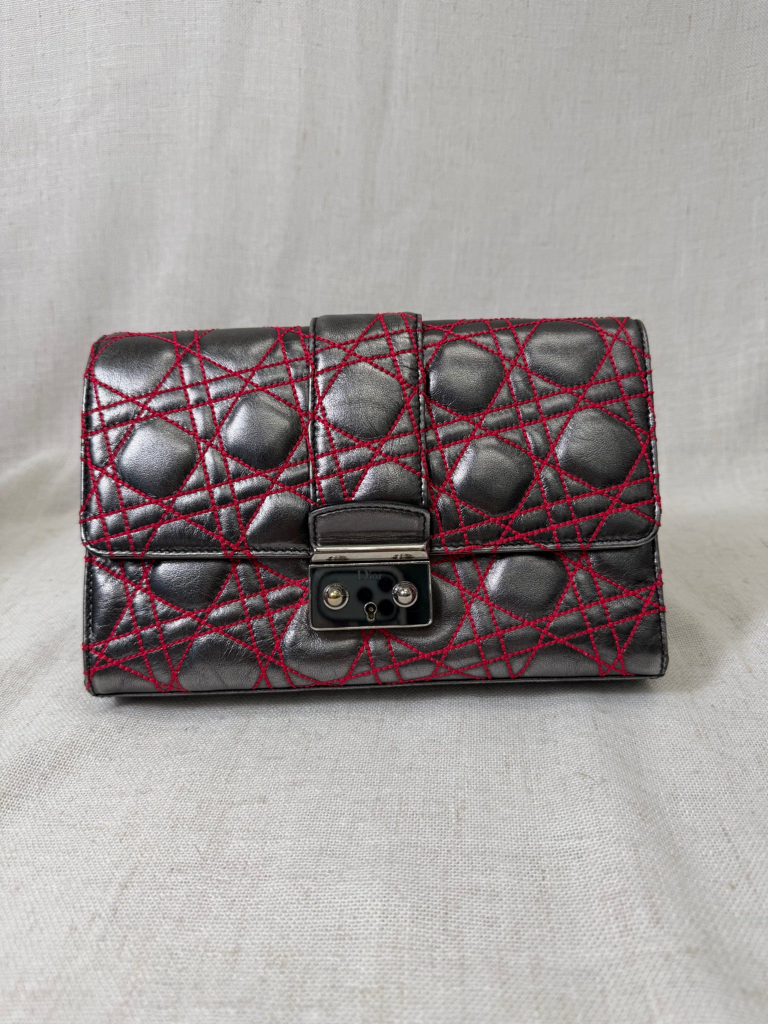 Christian Dior Silver Calf Leather And Red Cannage Stitching Miss Dior Clutch Bag