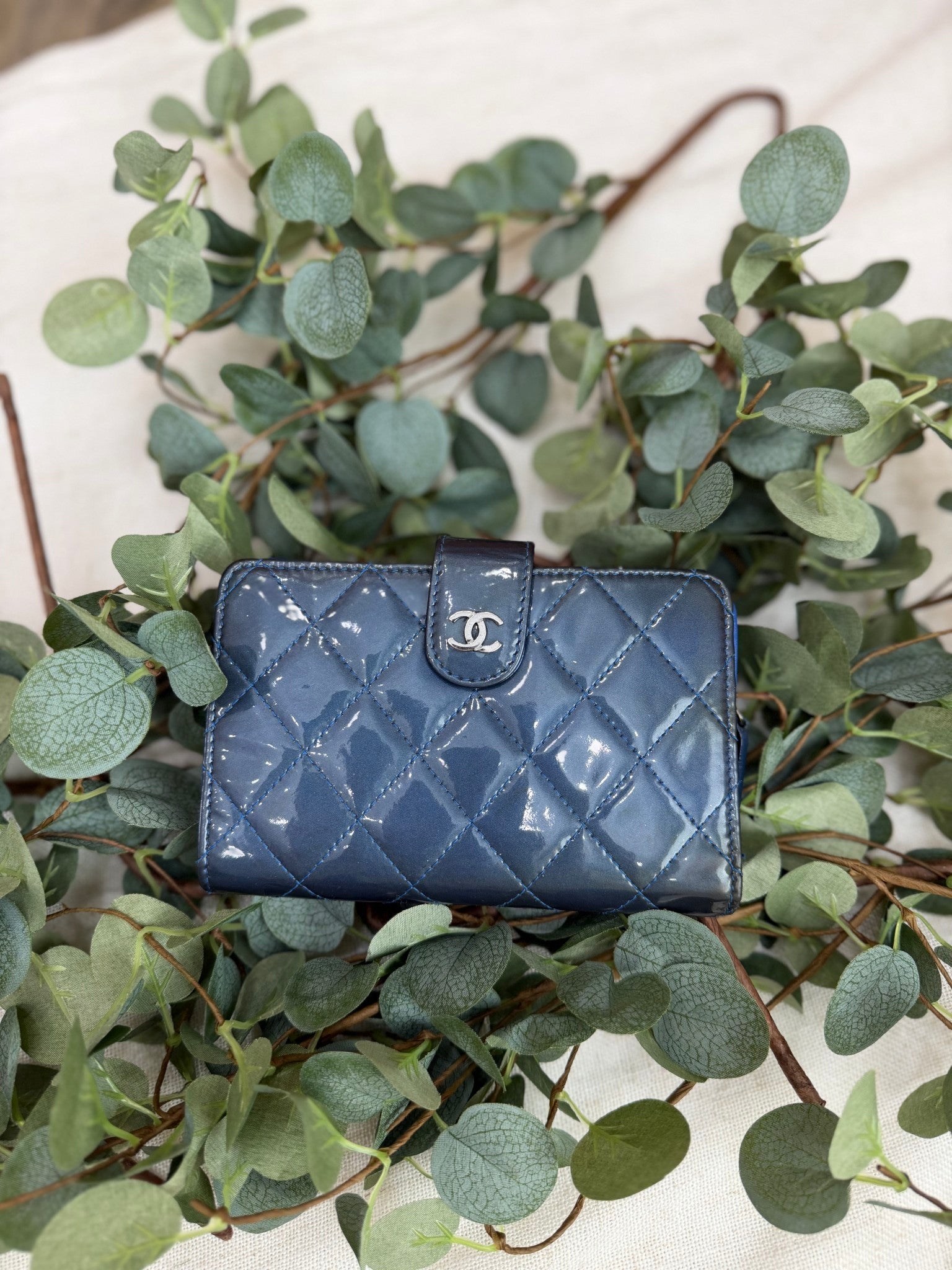 Chanel Blue Quilted Patent Leather Compact Wallet