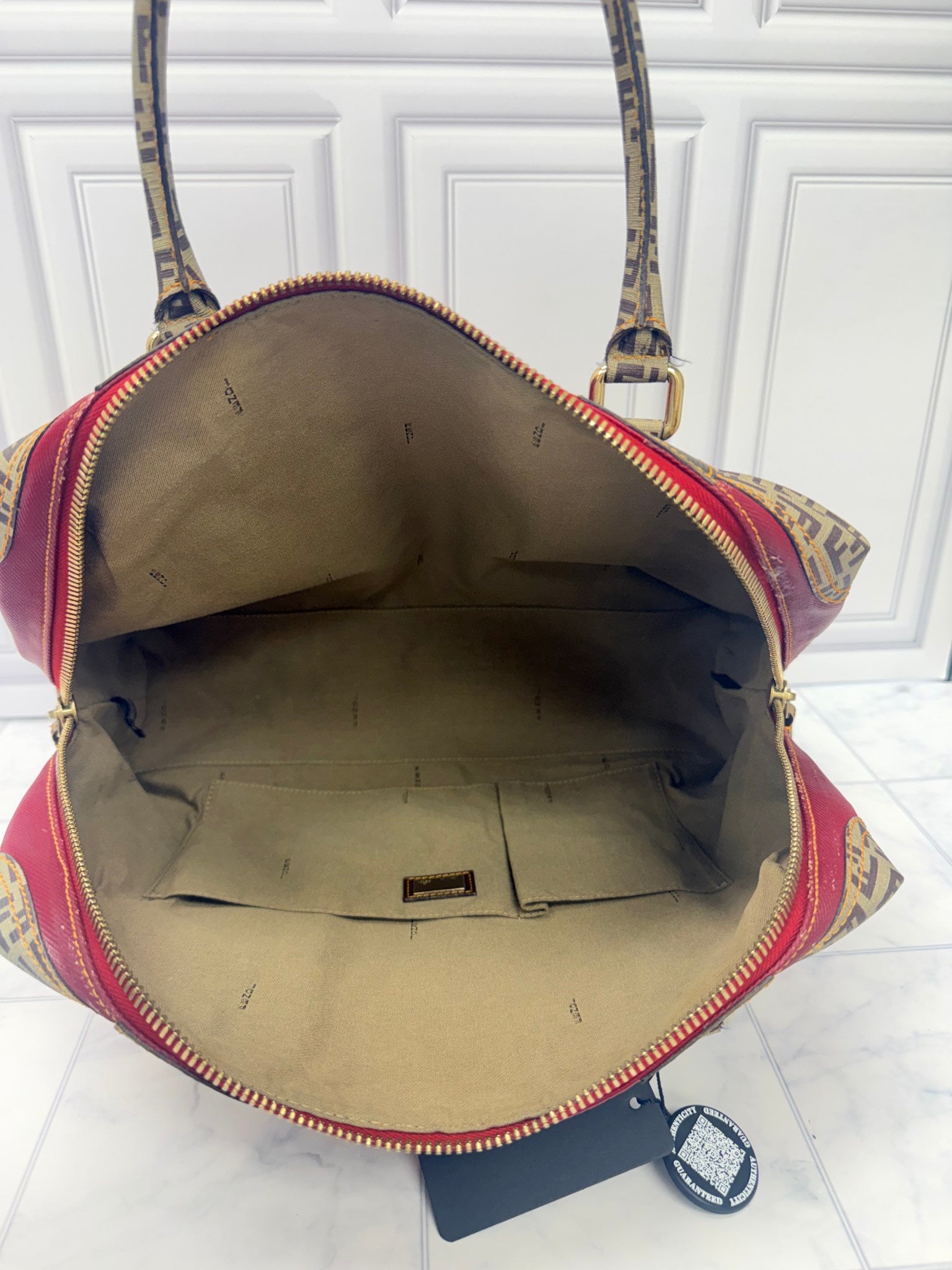 Fendi Red Coated Canvas B Tote Bag