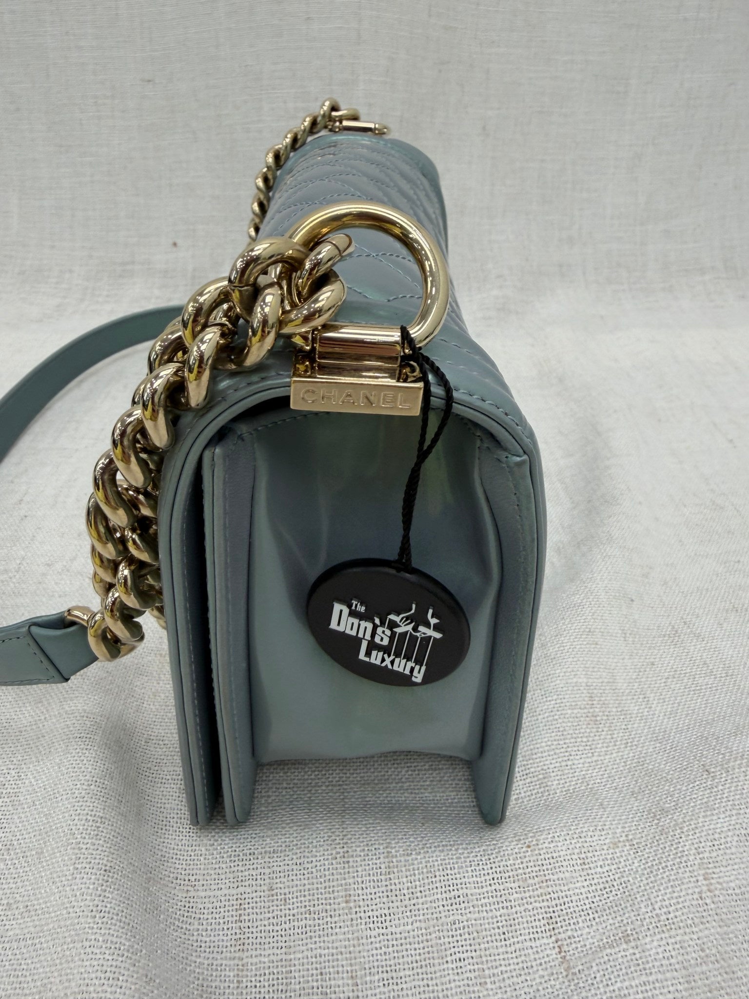 Chanel Blue Iridescent Quilted Patent Leather Medium Boy Bag