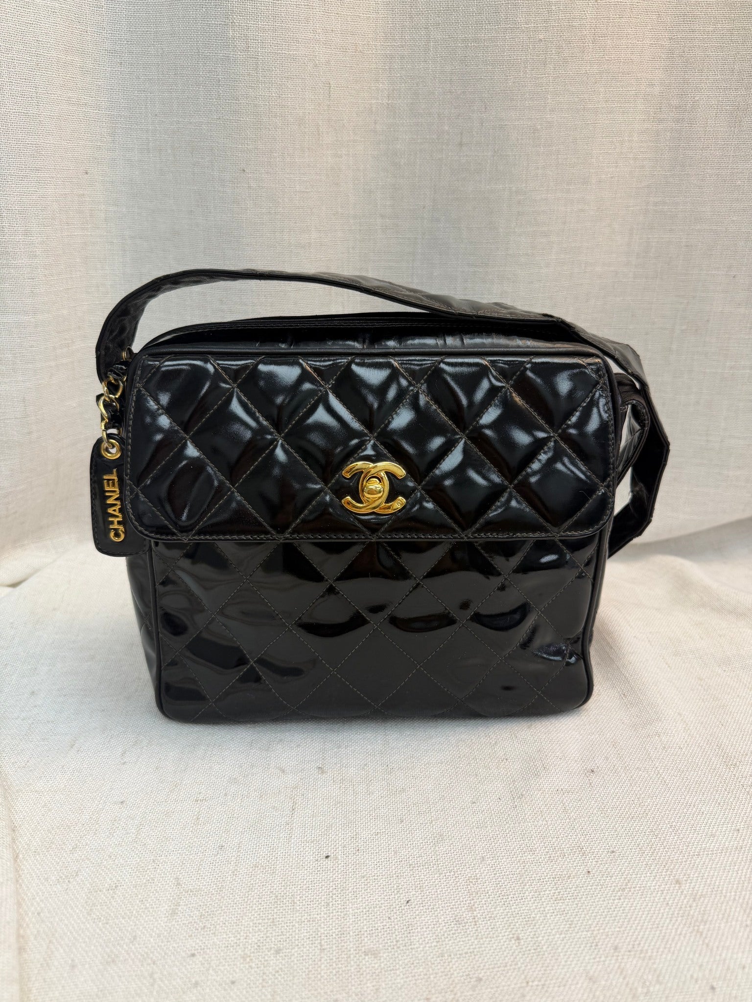 Chanel Black Patent Leather Quilted Camera Bag