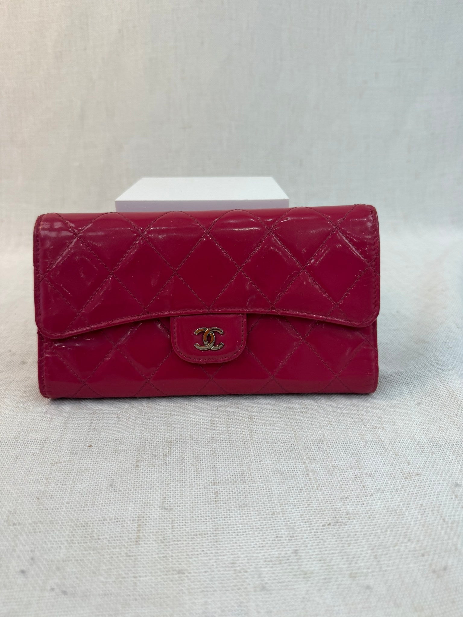 Chanel Pink Patent Leather Quilted Wave Long Wallet 