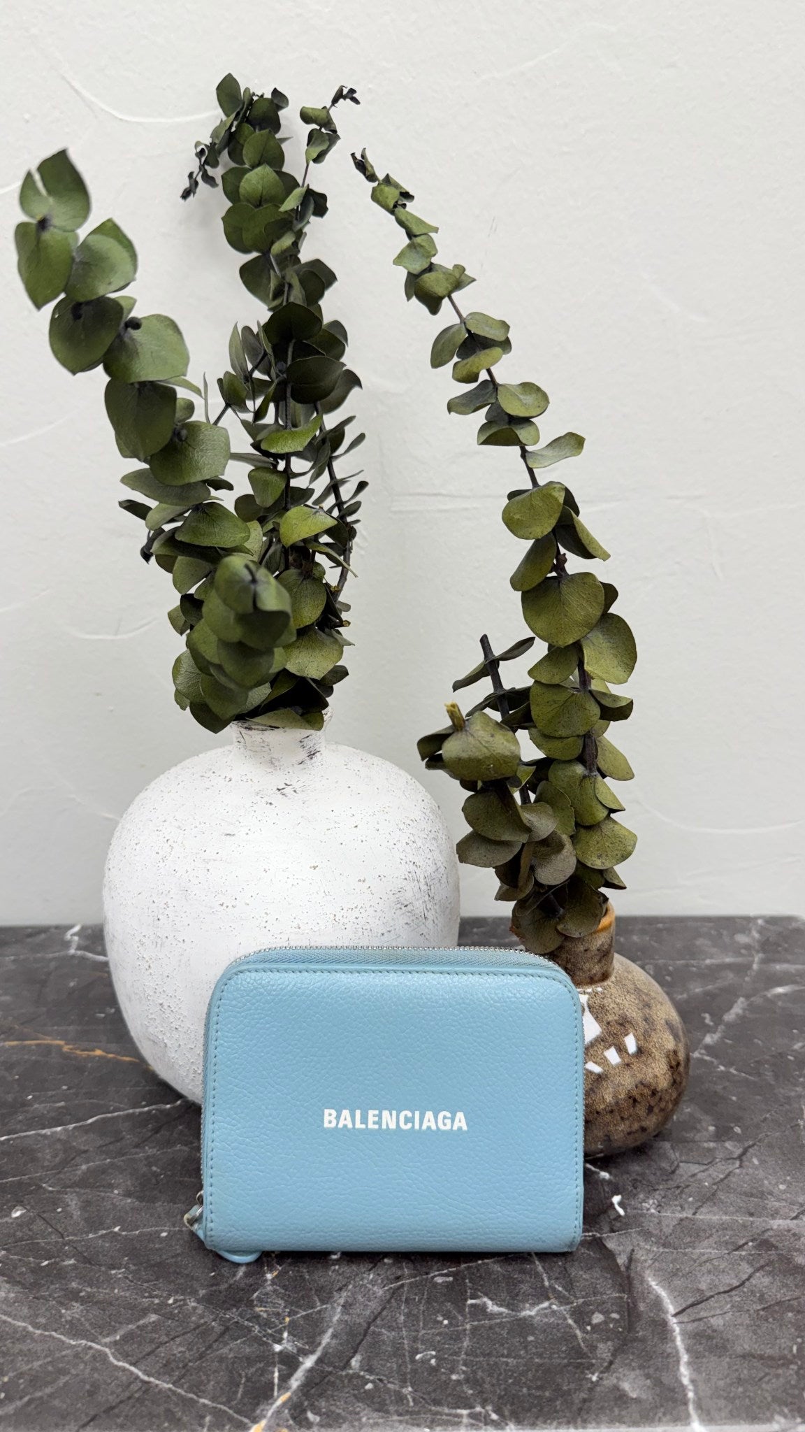Balenciaga Light Blue Grained Leather Zippy Compact Wallet 