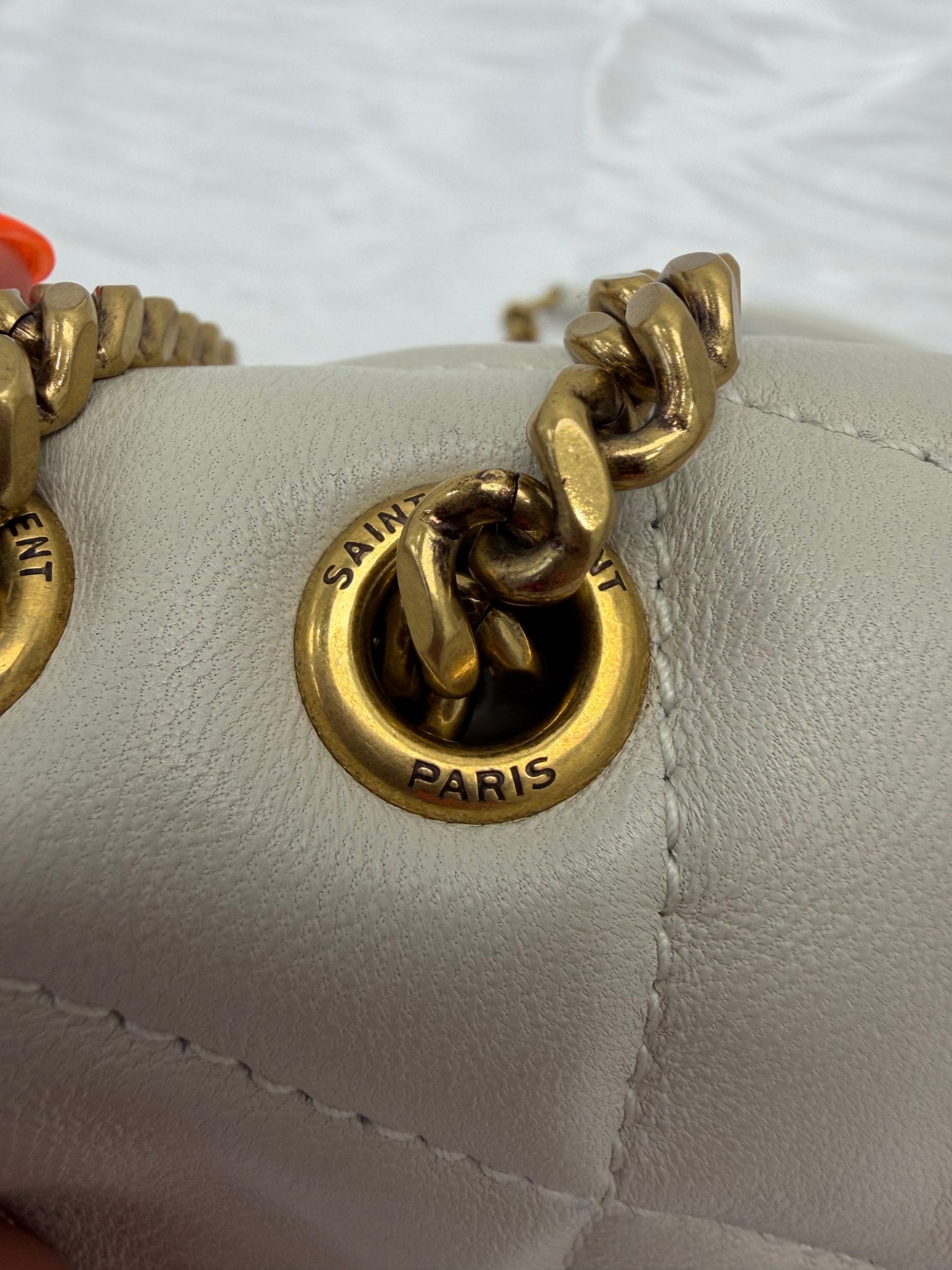 Saint Laurent YSL Beige Lambskin Quilted Toy Loulou Puffer Chain Satchel