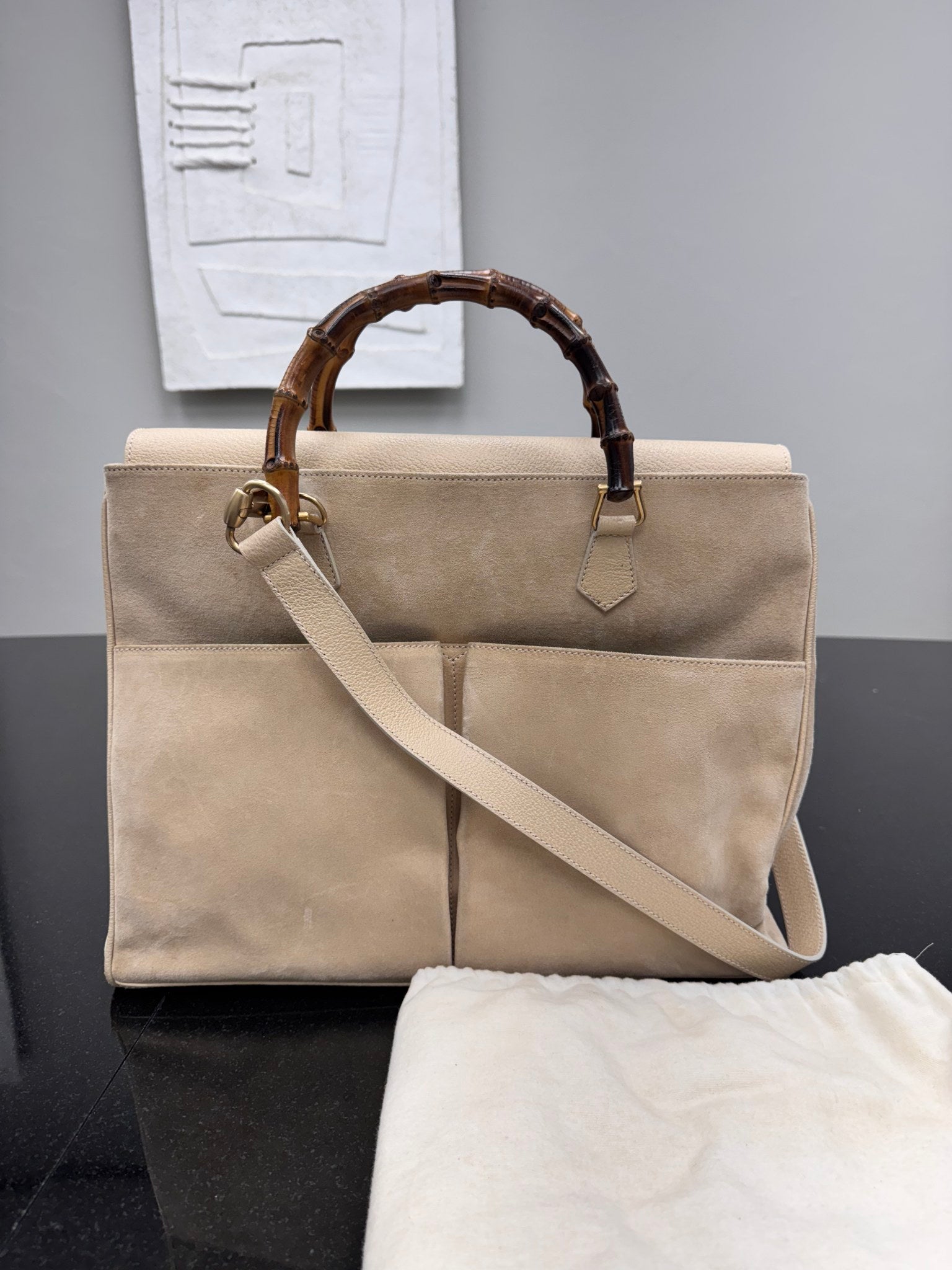 Gucci Beige Suede And Bamboo Top Handle Medium Shopper 2Way Bag