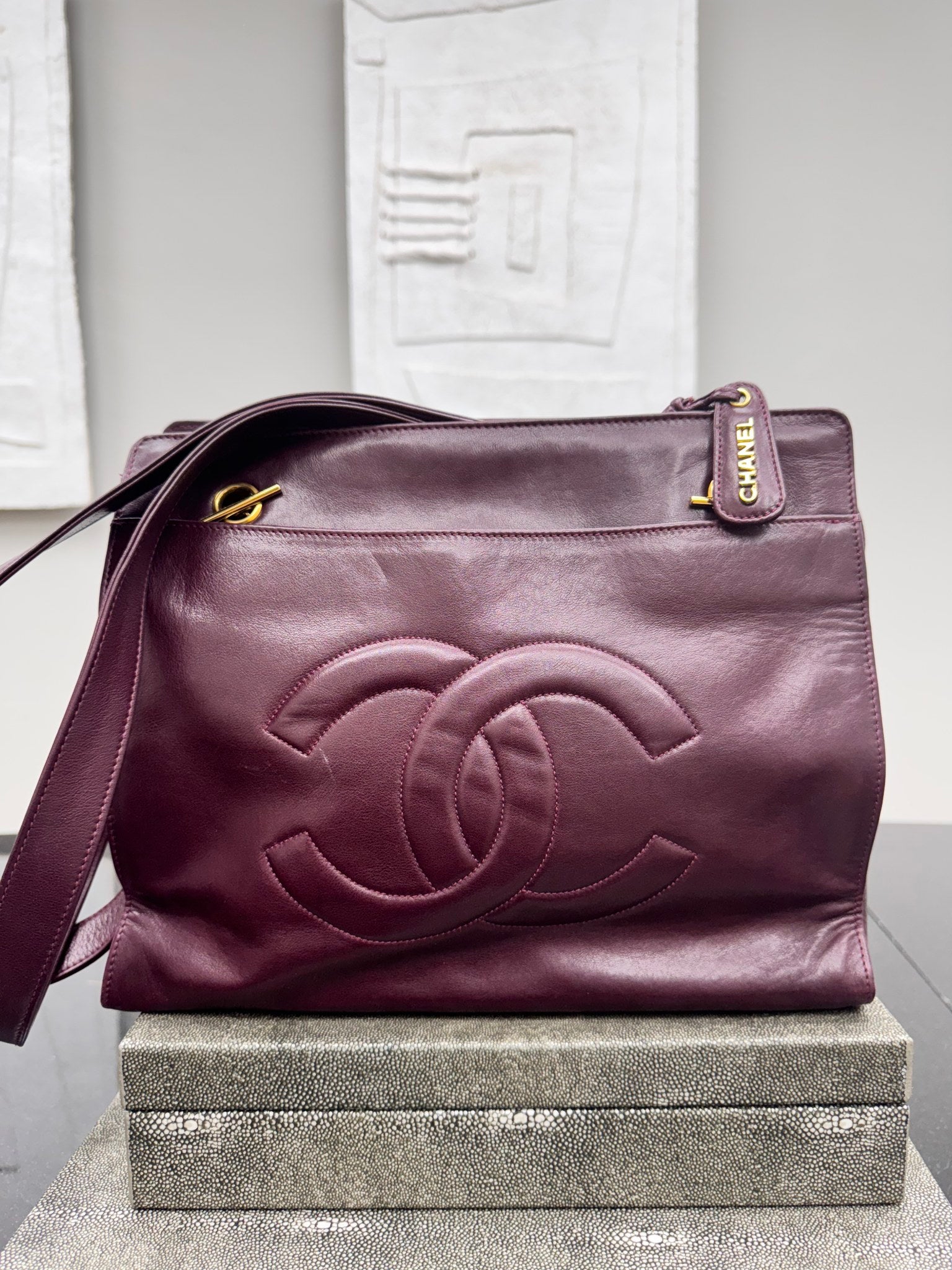 Chanel Burgundy Leather Shoulder Tote Bag