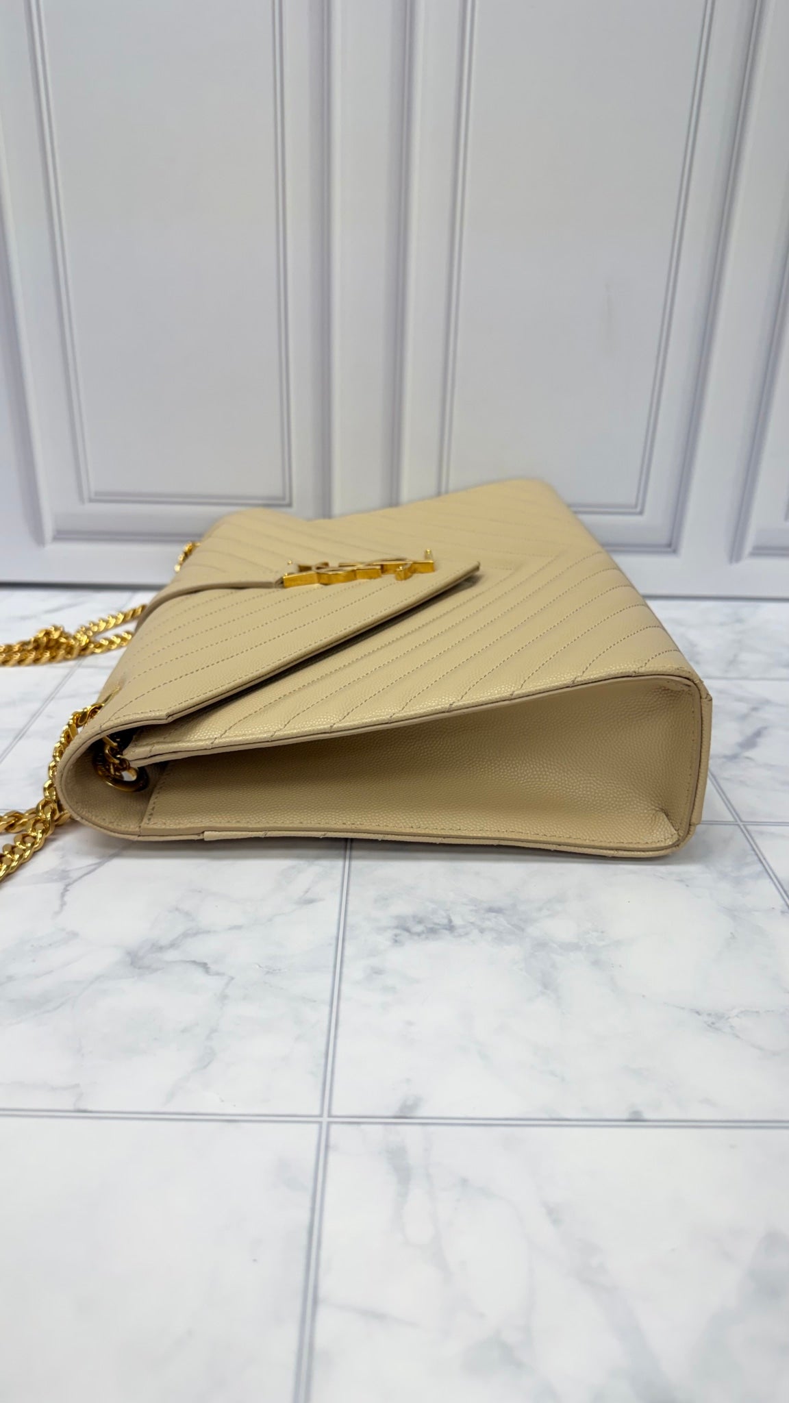 Saint Laurent YSL Beige Grained Leather Envelope Chain Handbag 