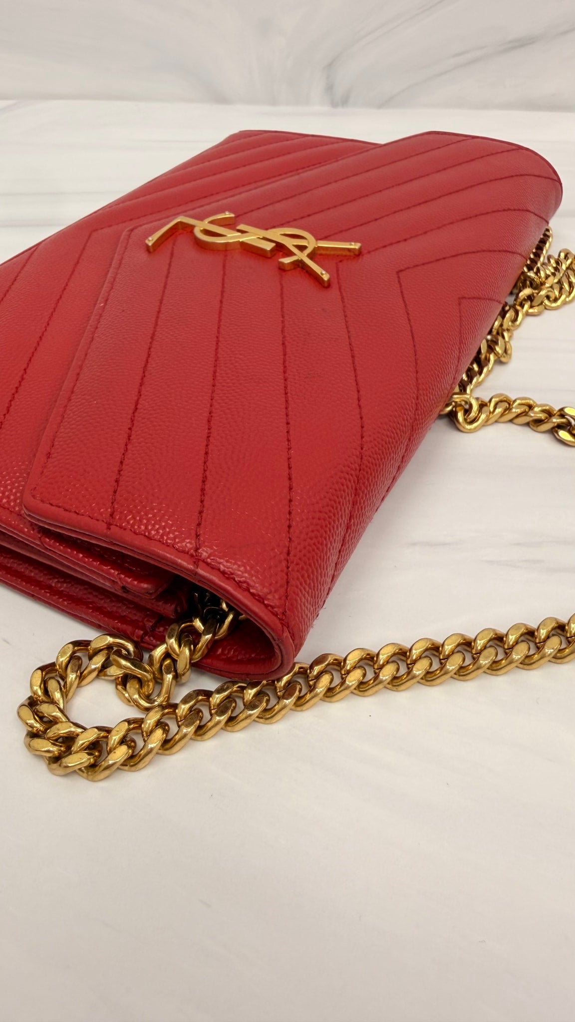 Saint Laurent YSL Red Grained Leather Wallet on A Chain