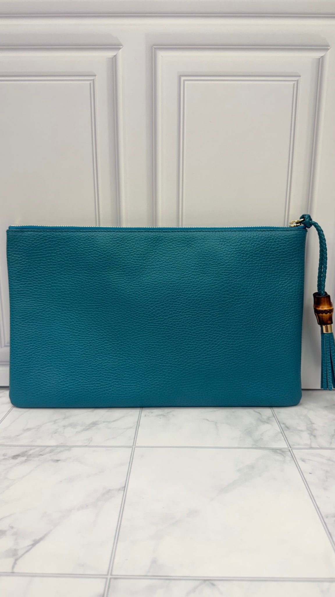 Gucci Teal Grained Leather Bamboo Clutch Pouch