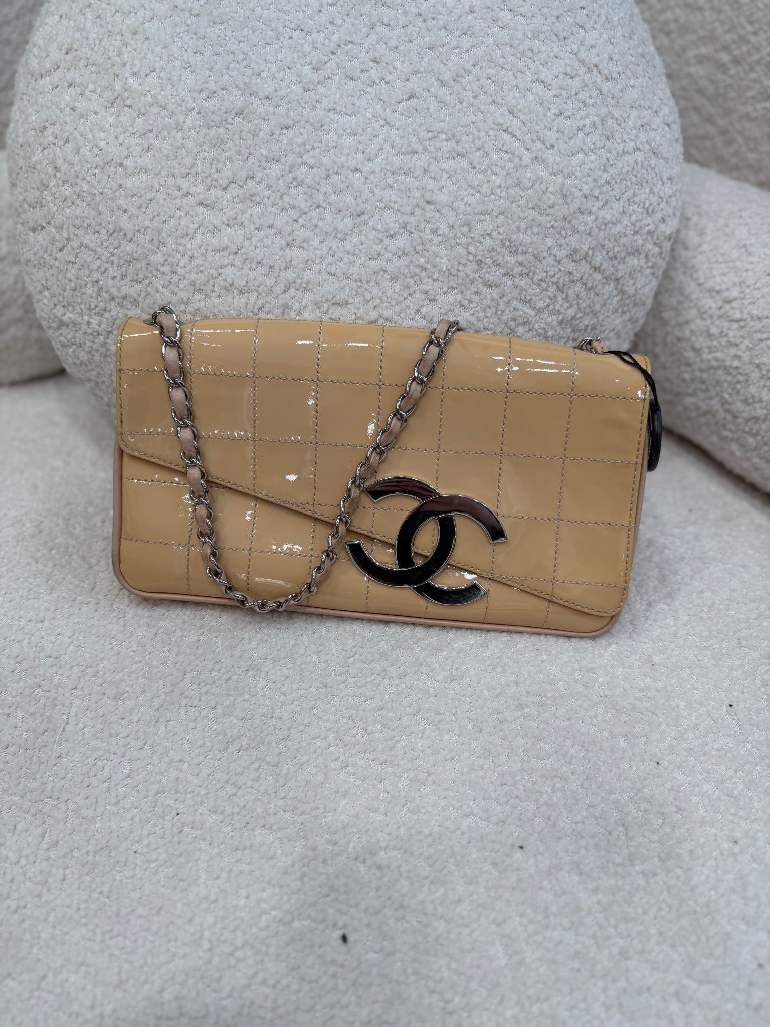 Chanel Peach Patent Leather East West Chocolate Bar Bag