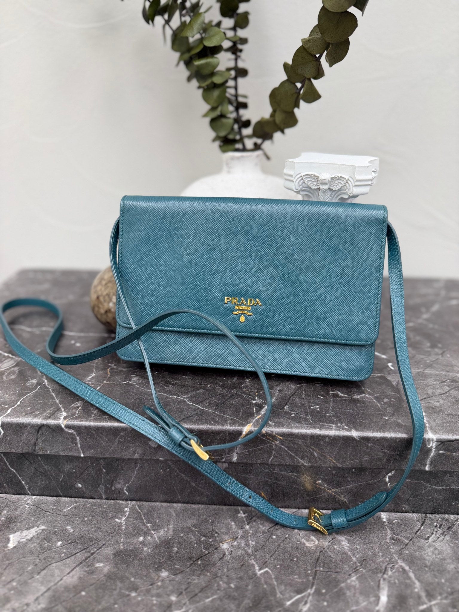 Prada Blue Saffiano Leather Wallet on a Chain