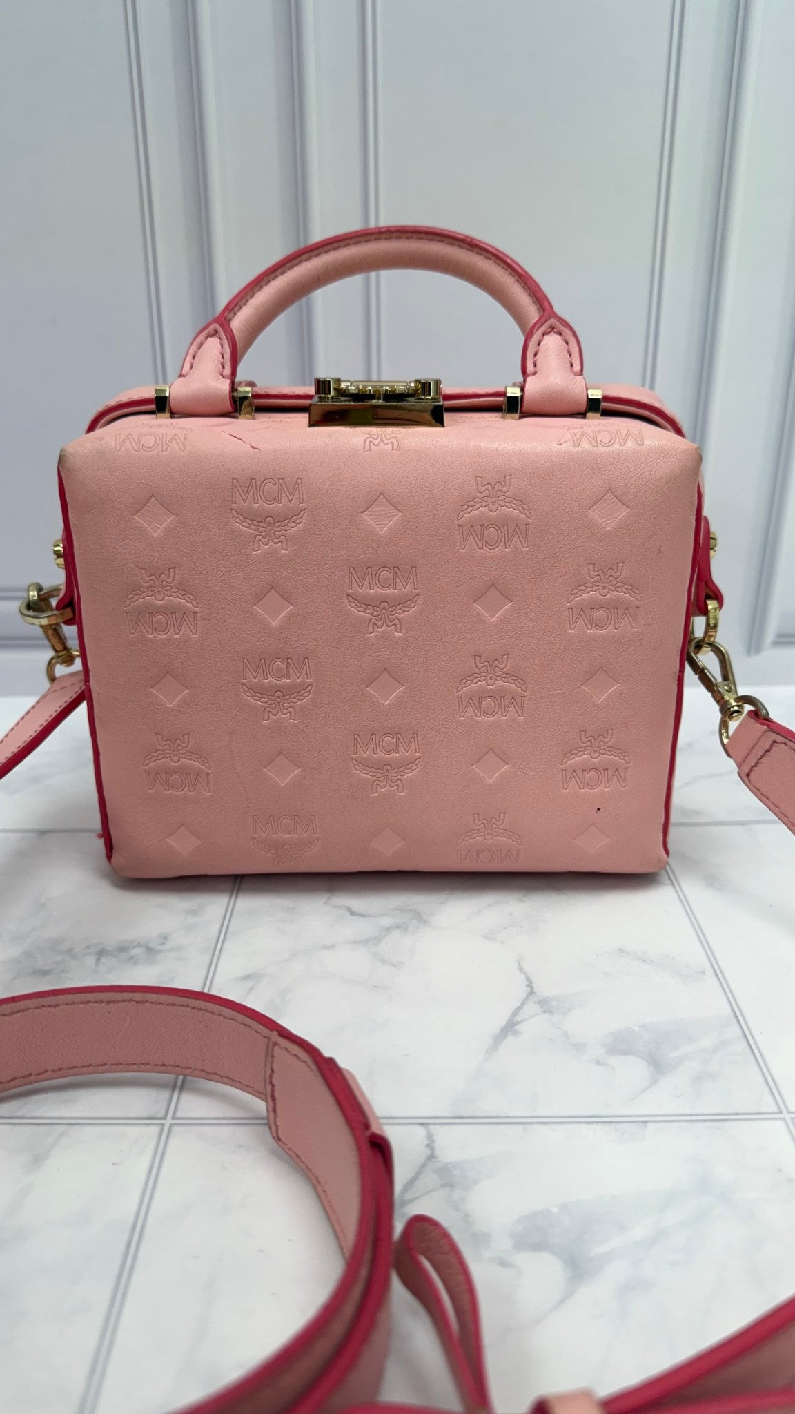 MCM Light Pink Embossed Visetos Leather Soft Berlin Box Trunk Crossbody