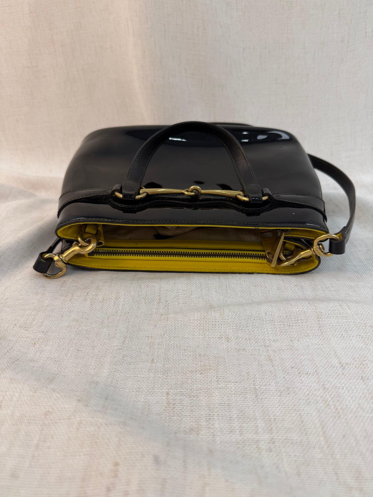 Gucci Black Patent Leather Horsebit Two Way Bag