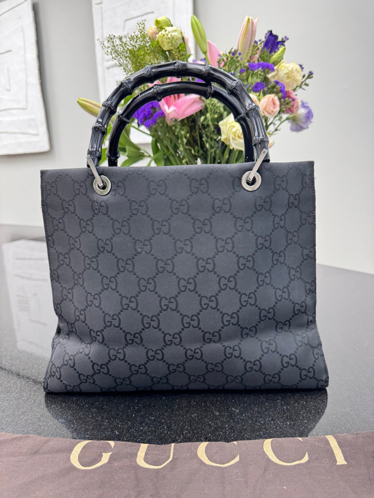 Gucci Black GG Supreme Nylon Medium Bamboo Tote Bag
