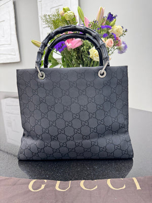 Gucci Black GG Supreme Nylon Medium Bamboo Tote Bag