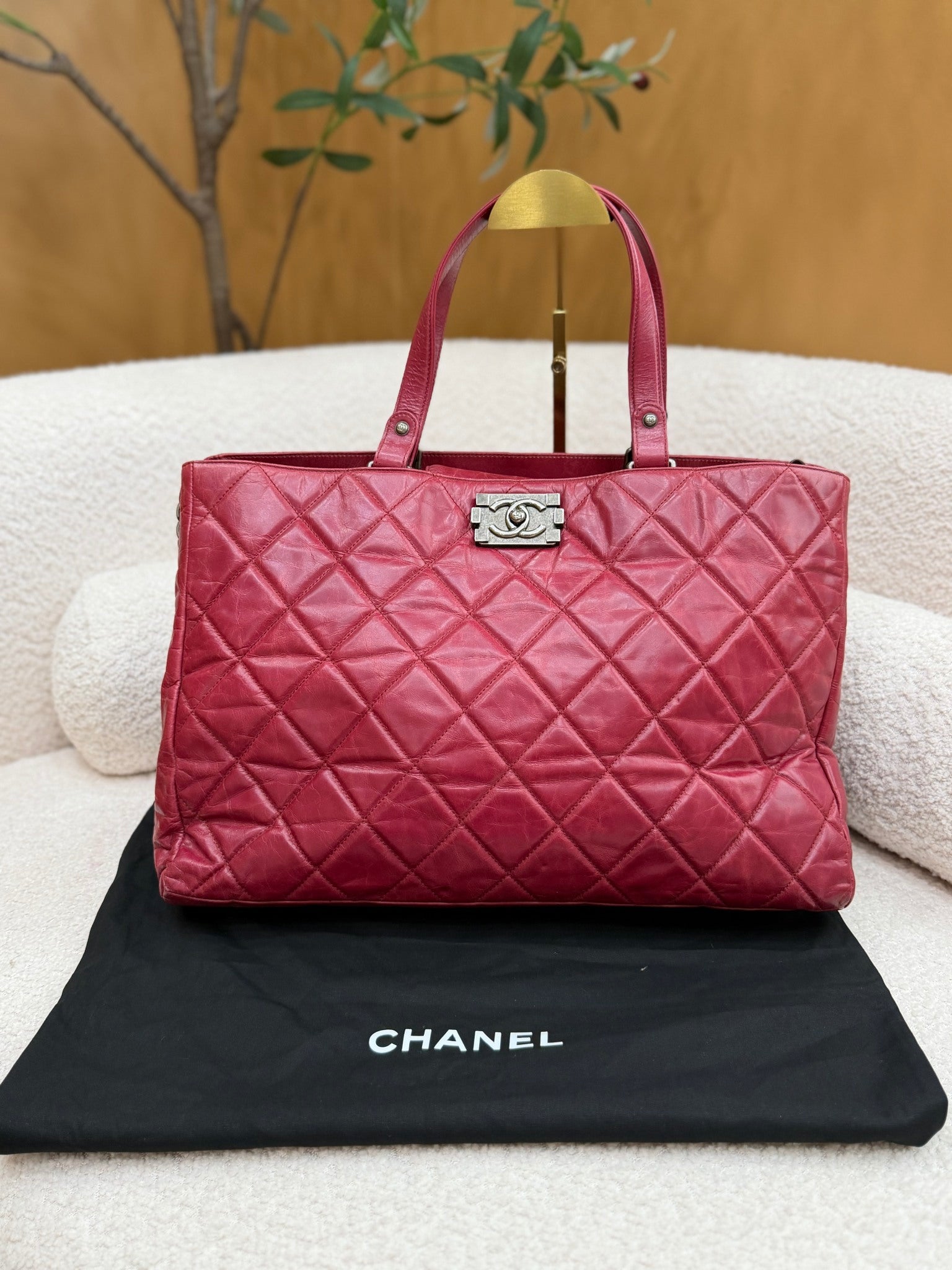 Chanel Red Quilted Glazed Calfskin Boy Bag Tote
