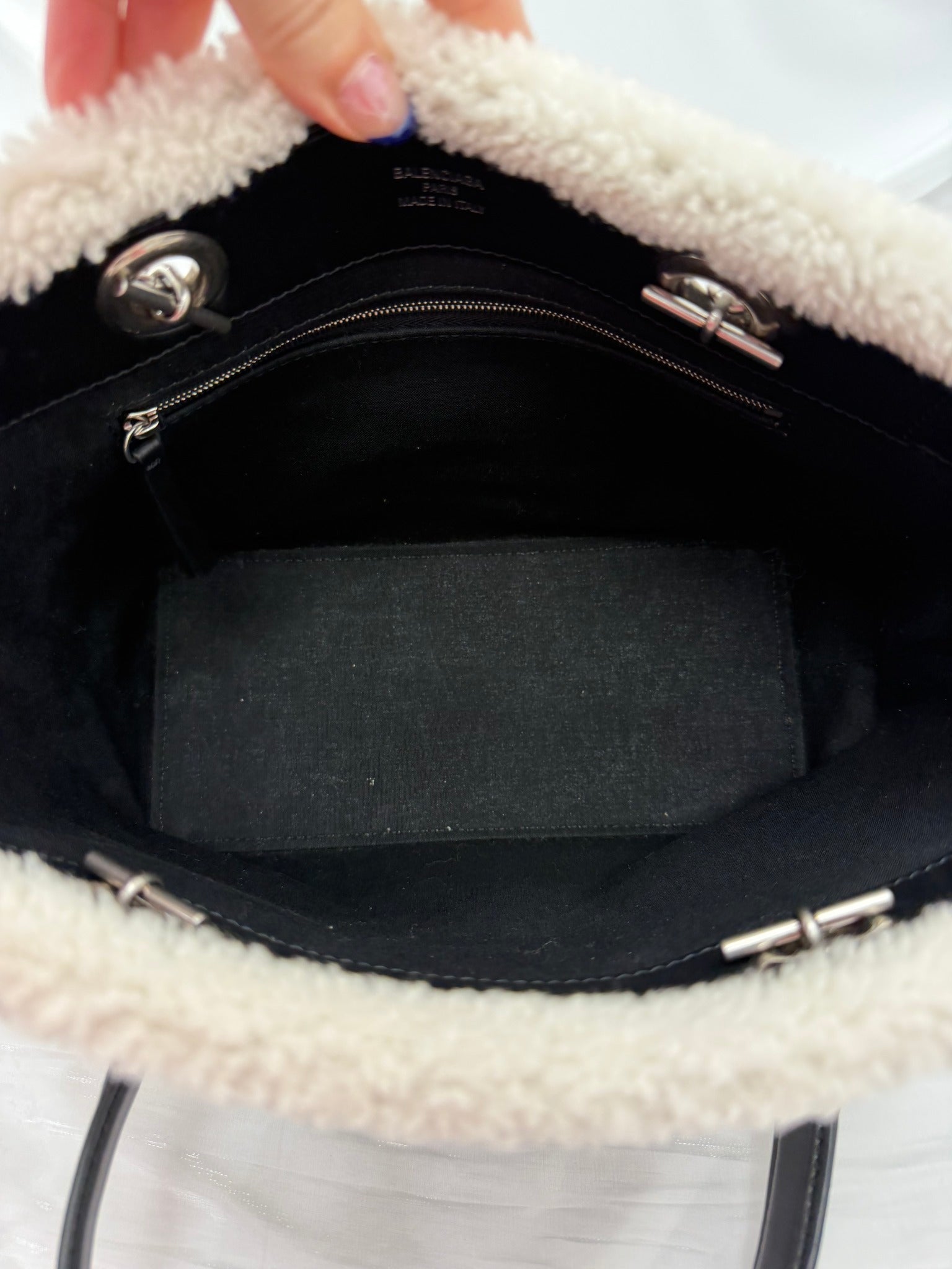 Balenciaga White & Black Shearling Shoulder Tote 