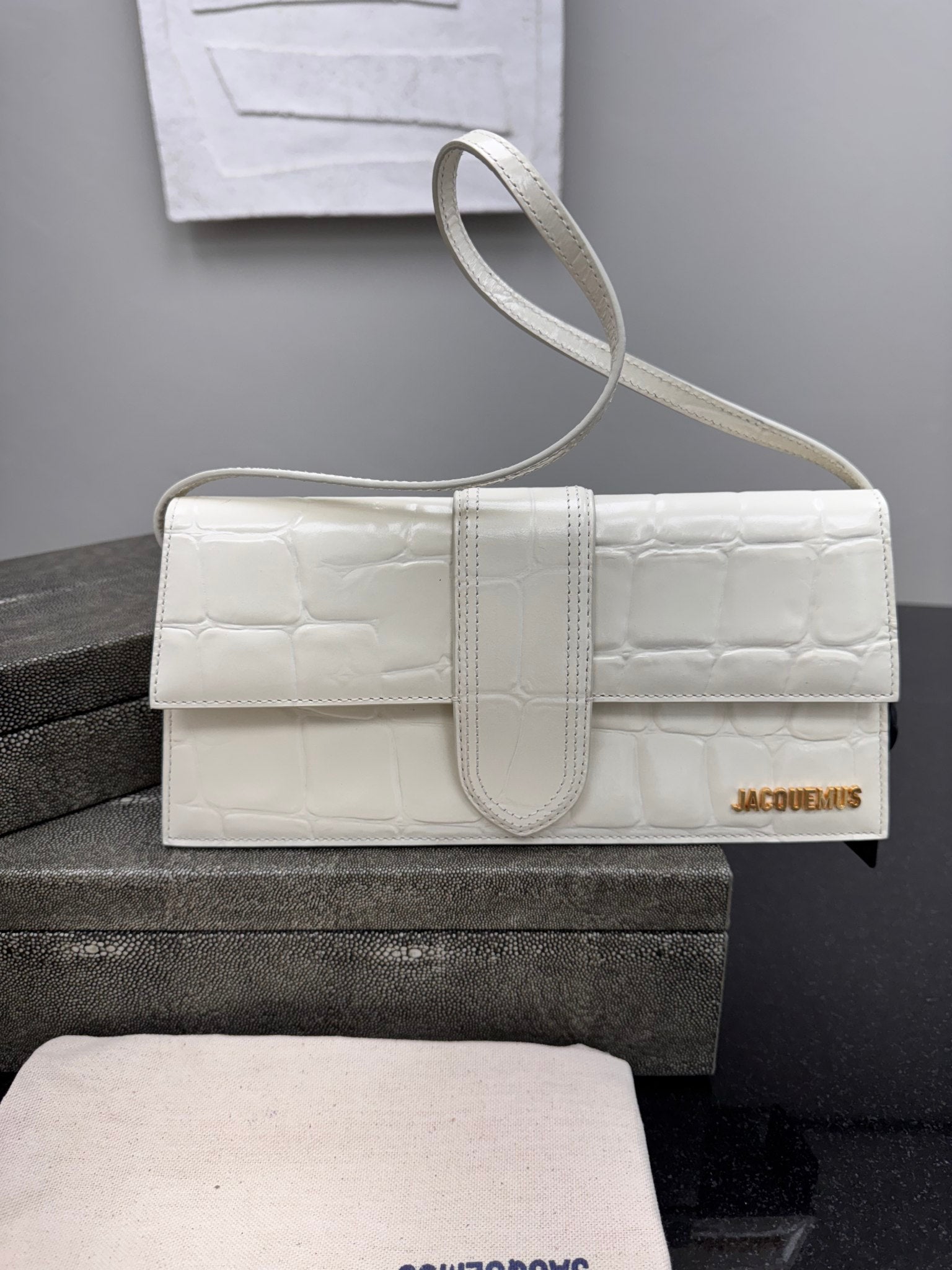 BRAND NEW Jacquemus White Croc Embossed Patent Leather Le Bambino Long Bag