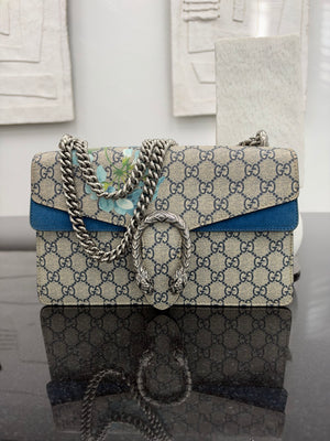 Gucci GG Supreme & Blue Suede Blooms Small Dionysus Chain Shoulder Bag