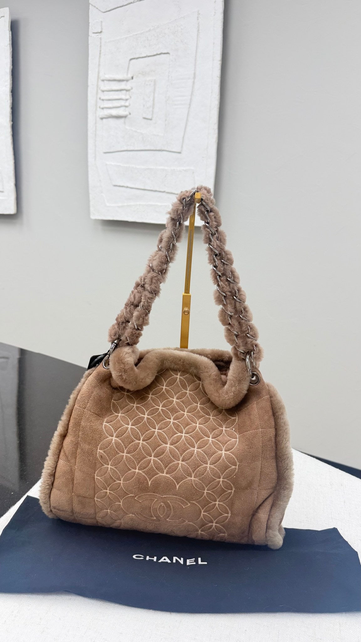 Chanel Beige Quilted Shearling Suede Mounton Chain Tote Bag  