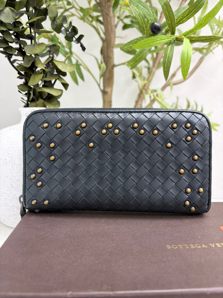 Bottega Veneta Black Intrecciato Leather Studded Zippy Wallet