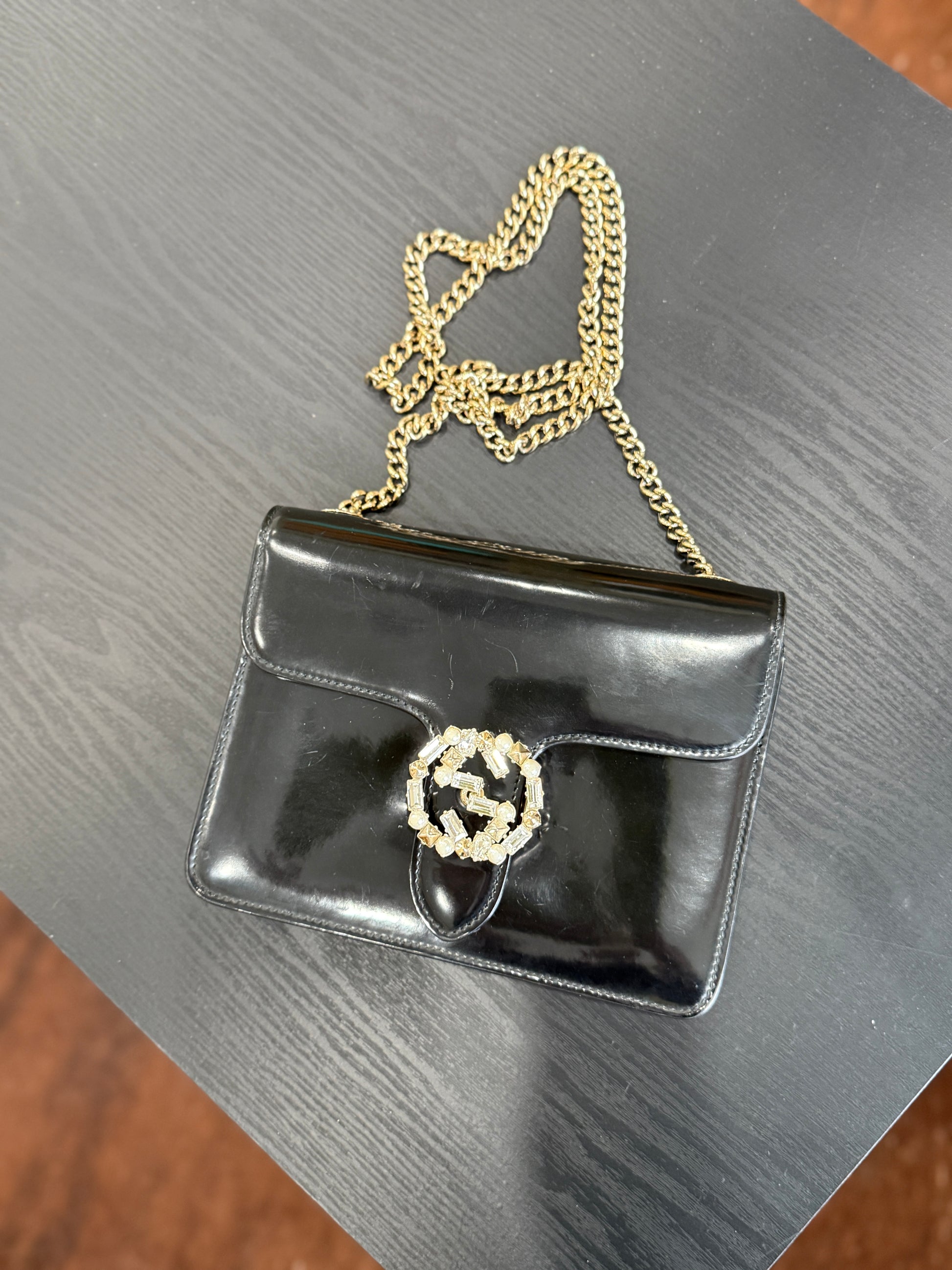 Gucci Black Patent Leather Embellished Interlocking G Small Shoulder Bag