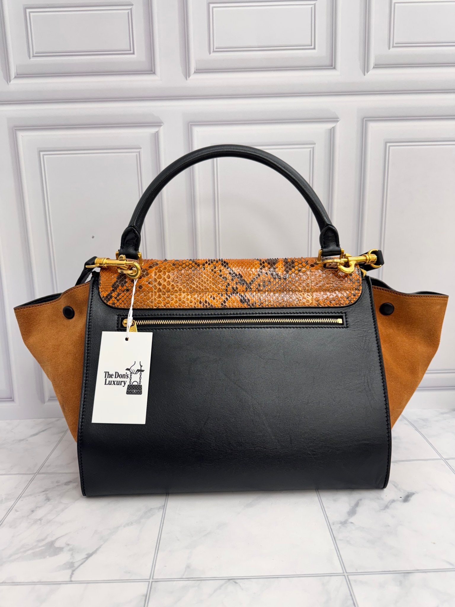 Celine Orange Snakeskin And Black Leather Medium Trapeze 2Way Bag
