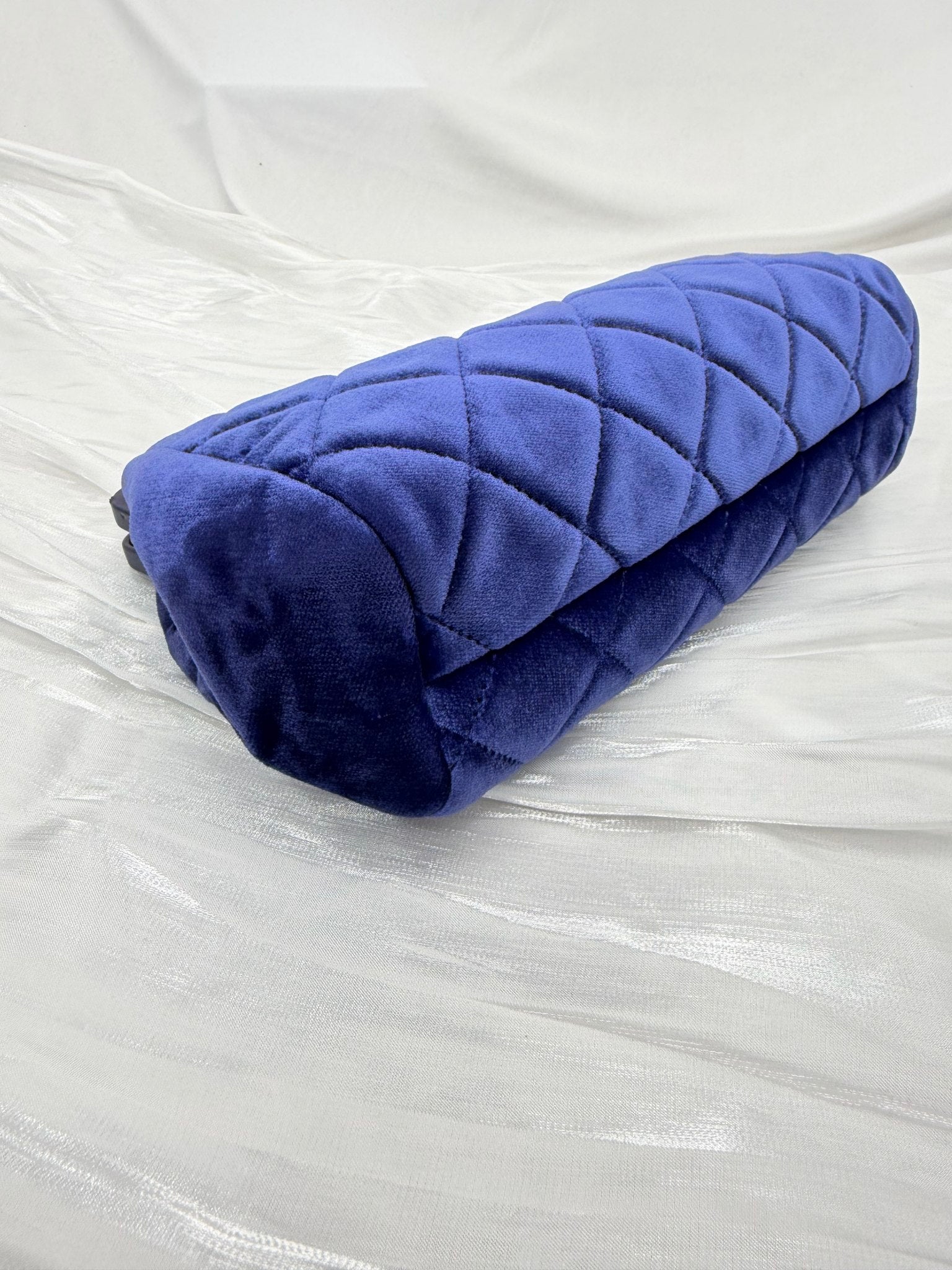Chanel Blue Velvet Quilted Kiss Lock Clutch on a Chain