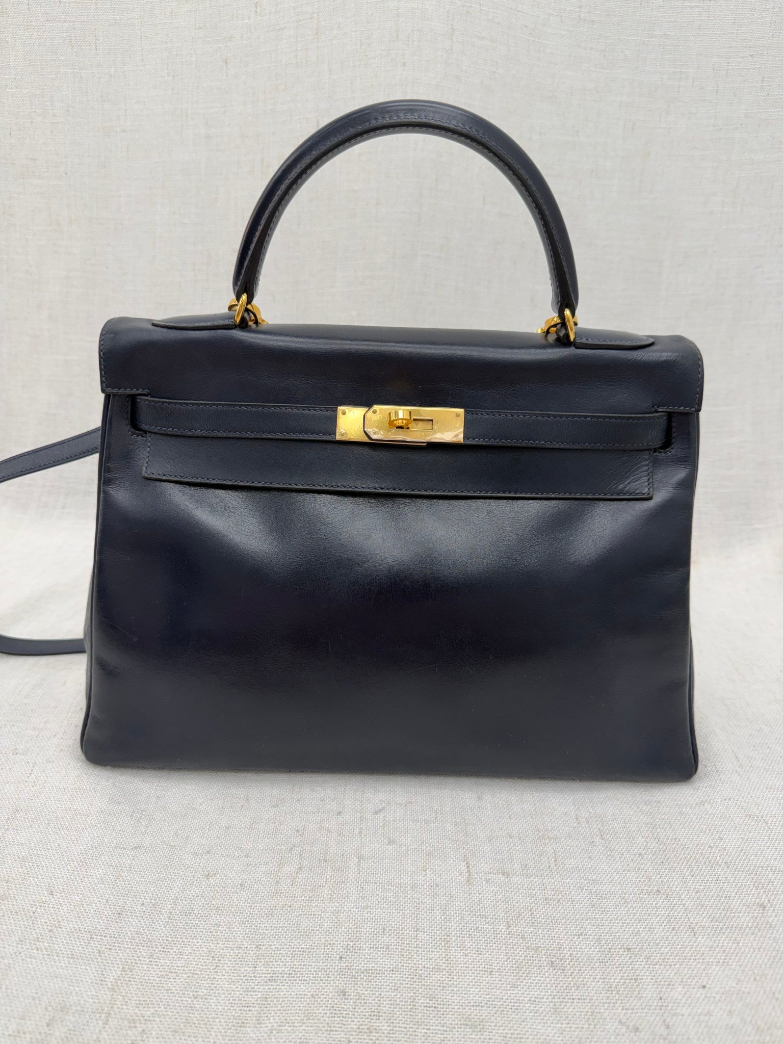 Hermes Navy Blue Box Calf Leather Kelly 32 