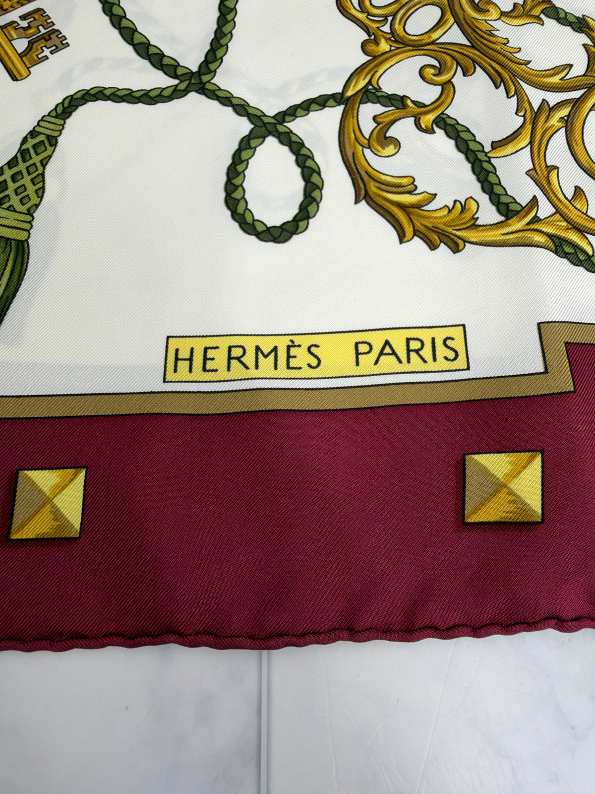 Hermes Burgundy & Ivory Silk Les Cles Scarf 