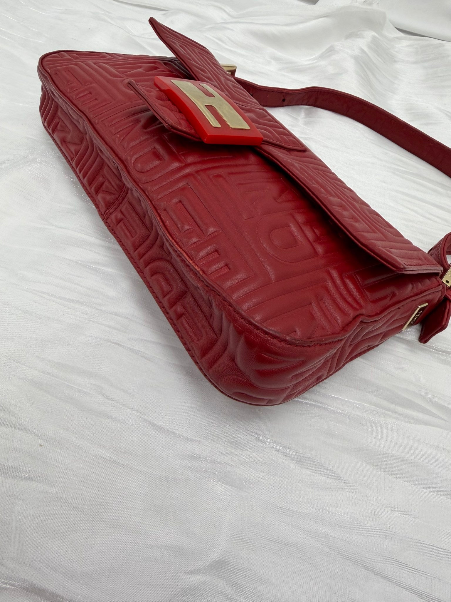 Fendi Red Embossed Leather Baguette
