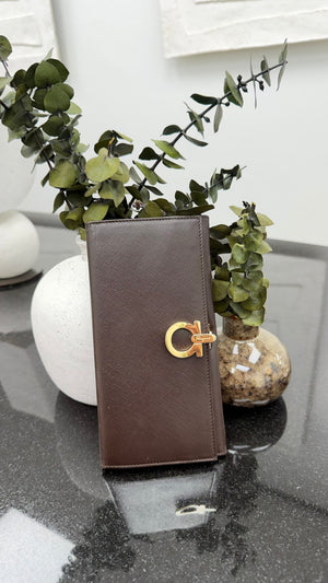 Salvatore Ferragamo Brown Saffiano Leather Long Wallet