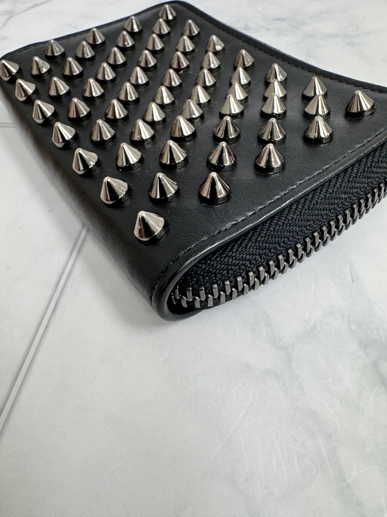 Christian Louboutin Black Studded Leather Compact Zippy Wallet 