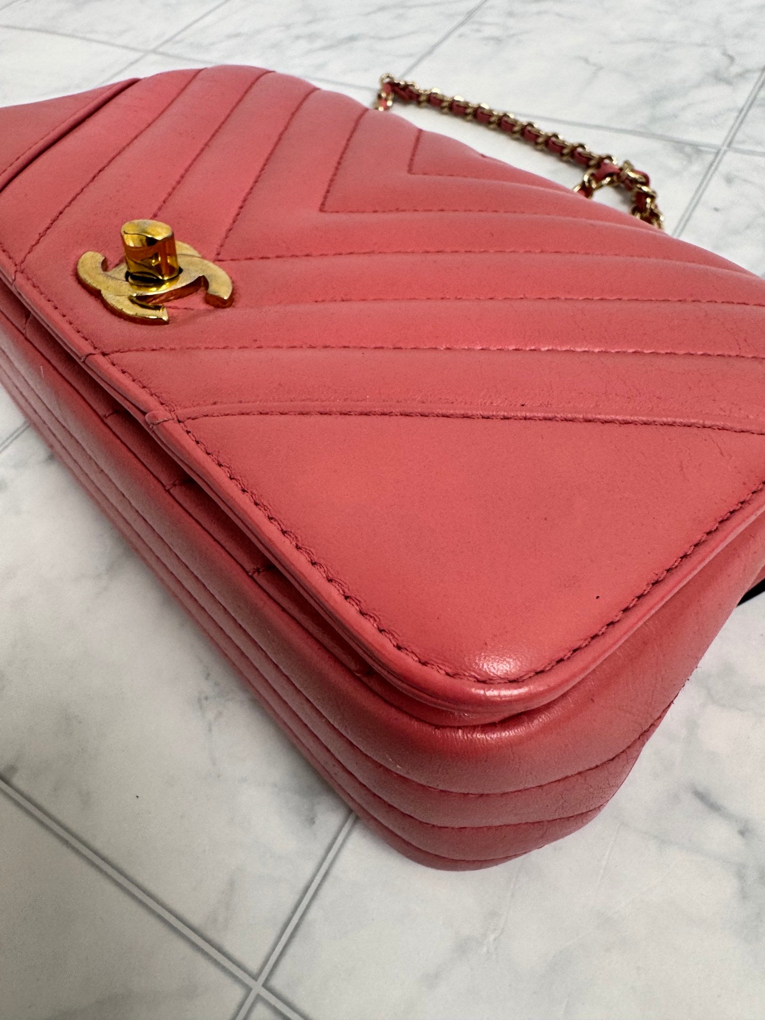Chanel Pink Chevron Quilted Leather Chain Flap Bag