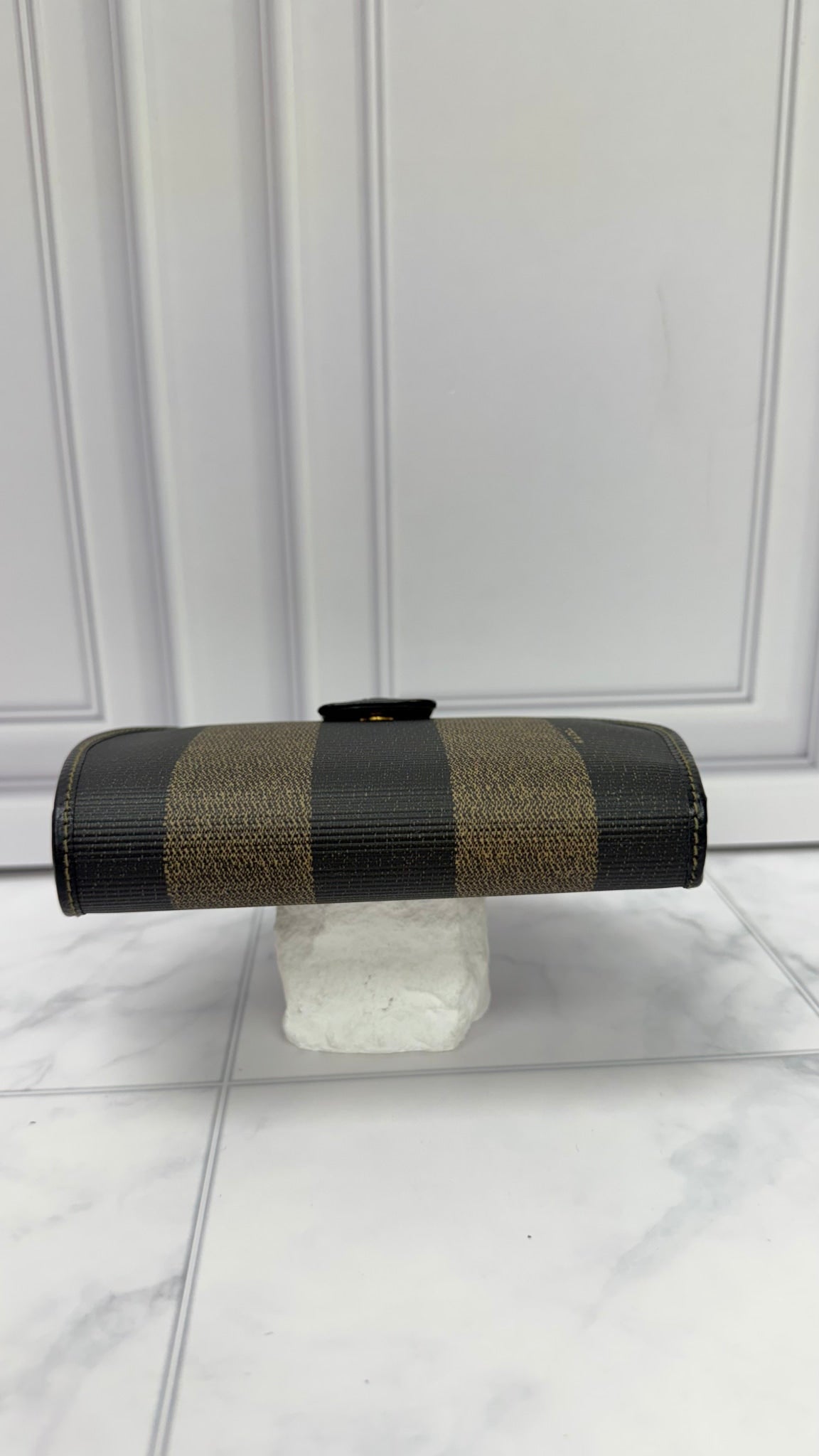 Fendi Brown Canvas Pequin striped Half Moon Wallet