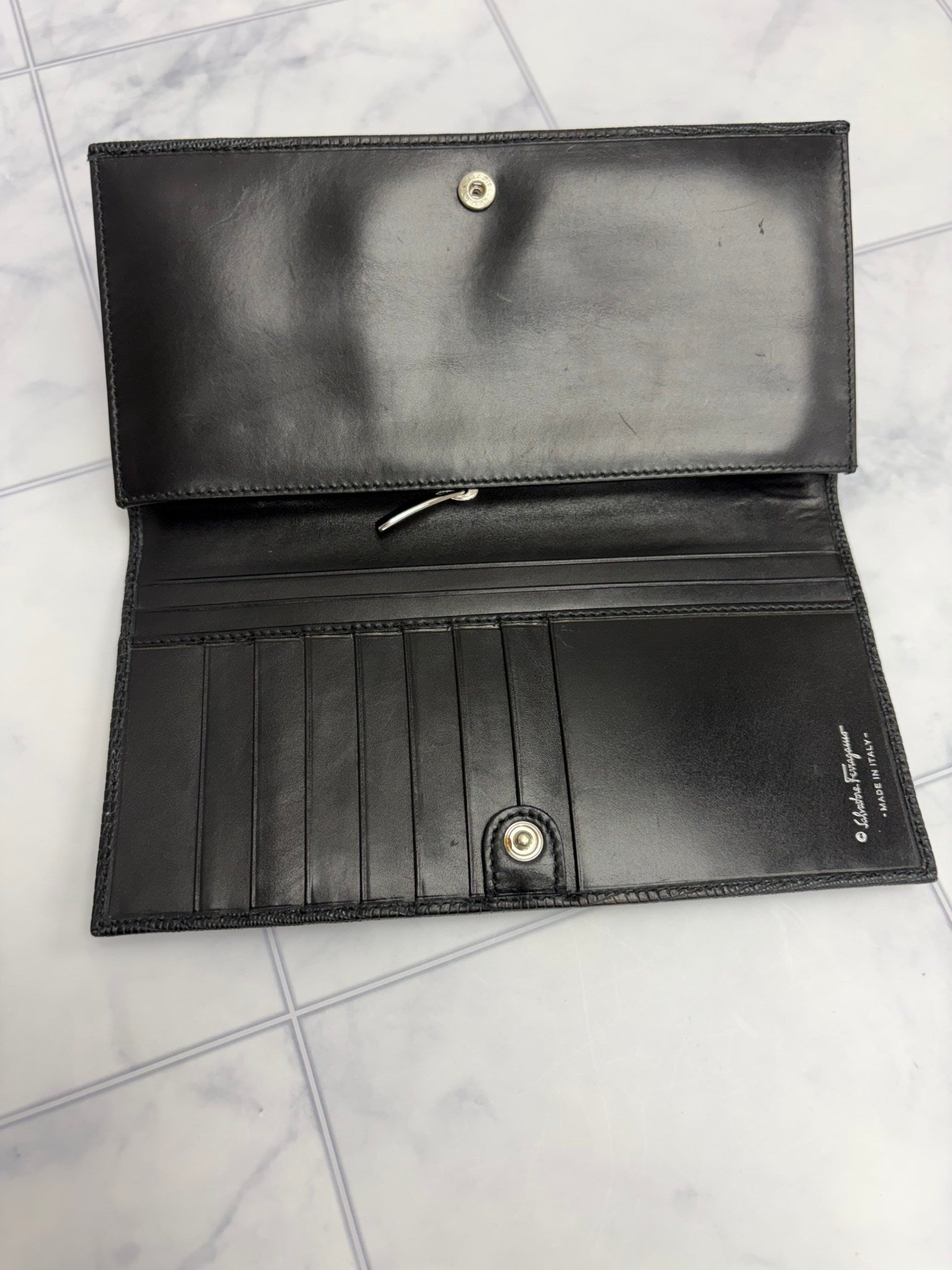 Salvatore Ferragamo Black Snakeskin Embossed Long Wallet 
