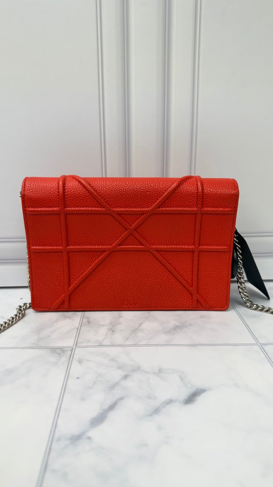 Christian Dior Orange Grained Leather Wallet On A Chain 