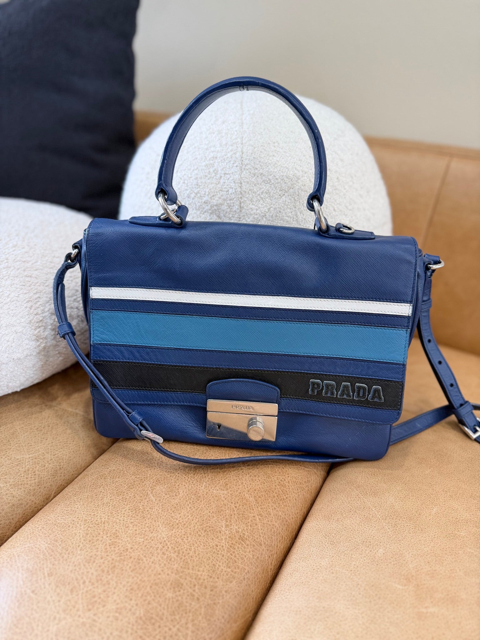 Prada Blue Saffiano Leather Righe Sound Lock Satchel Tote