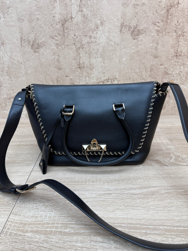 Valentino Black Leather Medium Demilune Flap Satchel 2way Bag