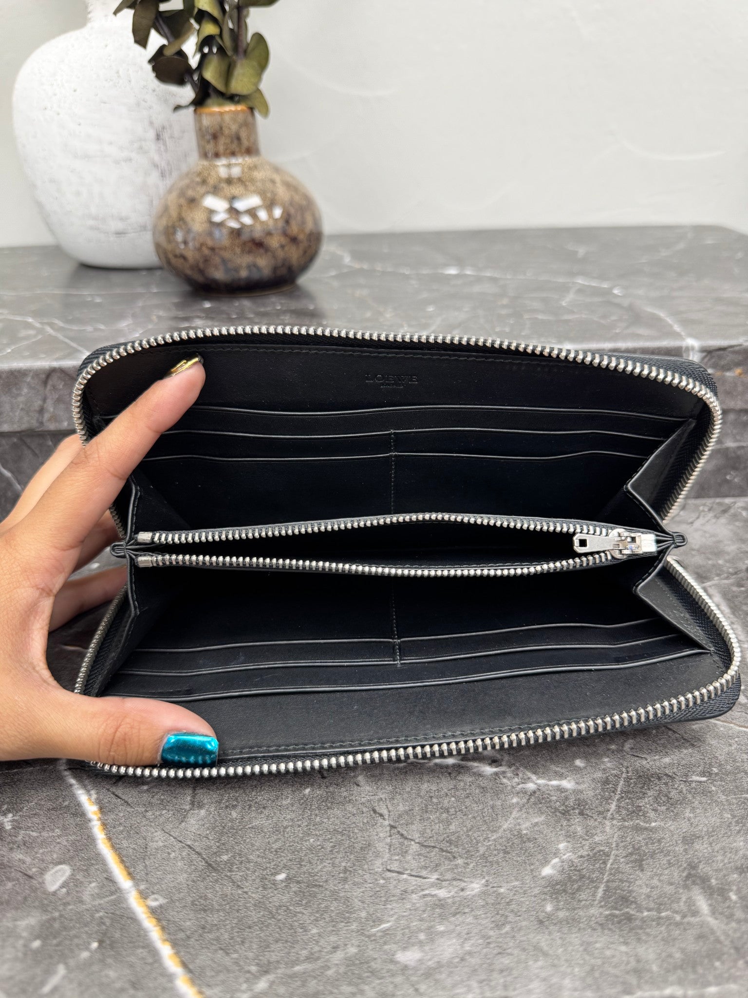 Loewe Black Grained Leather Studded Zippy Wallet