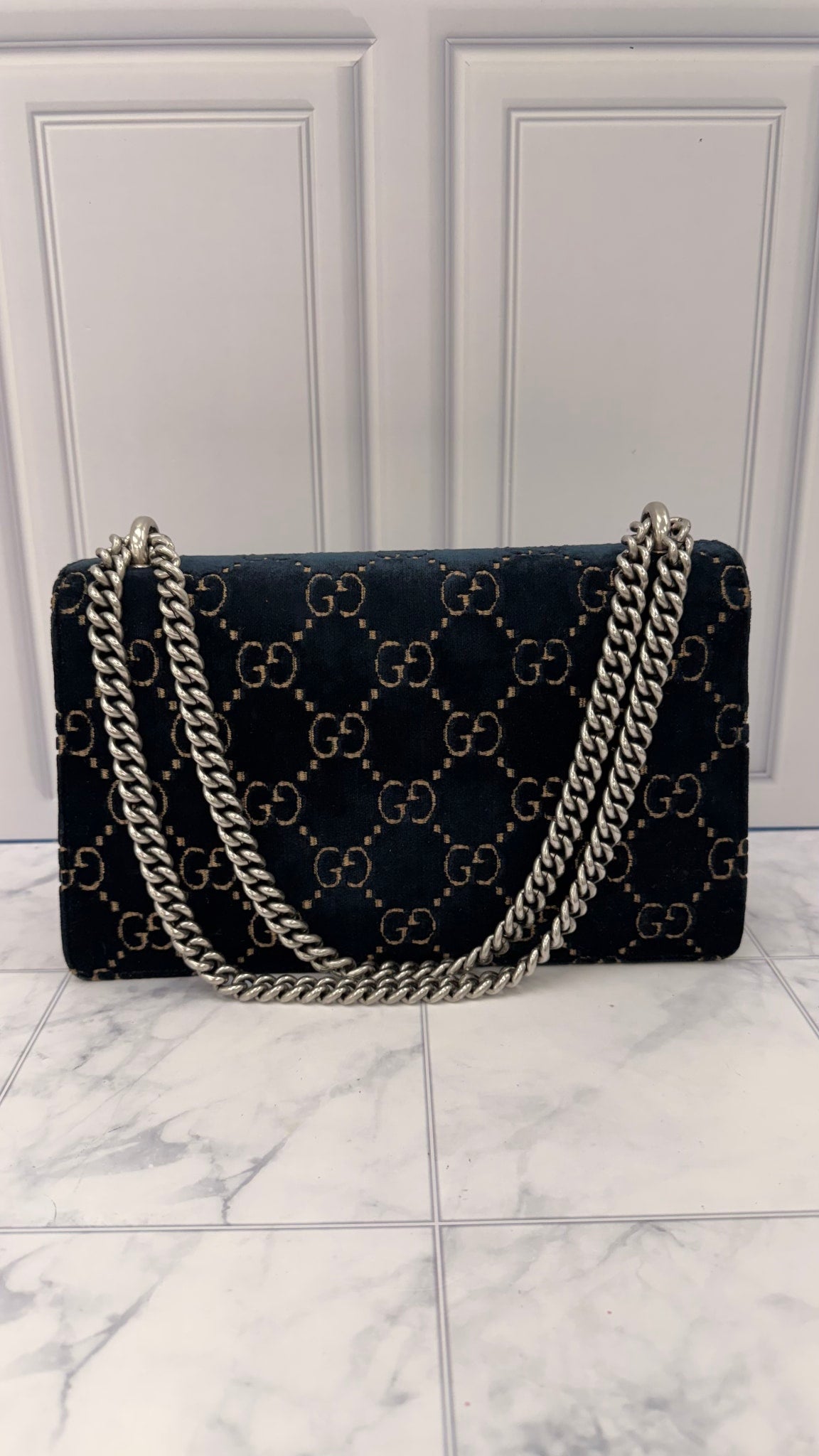 Gucci Navy GG Monogram Velvet Small Dionysus Shoulder Bag
