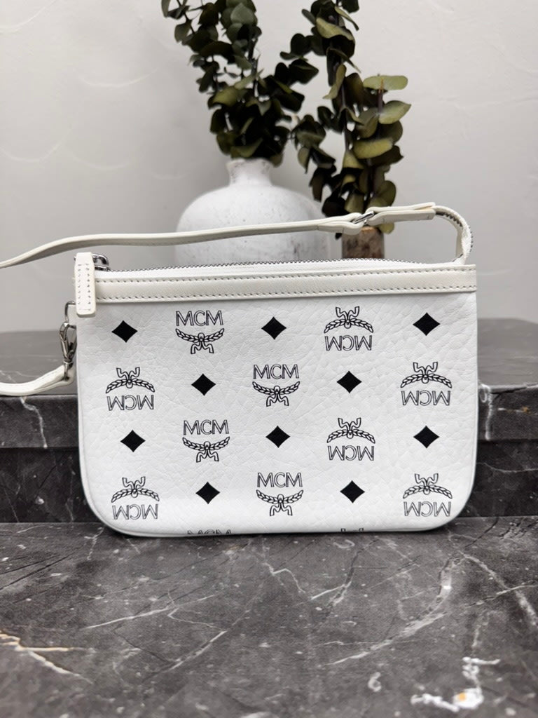 MCM White Visetos Leather Pouch