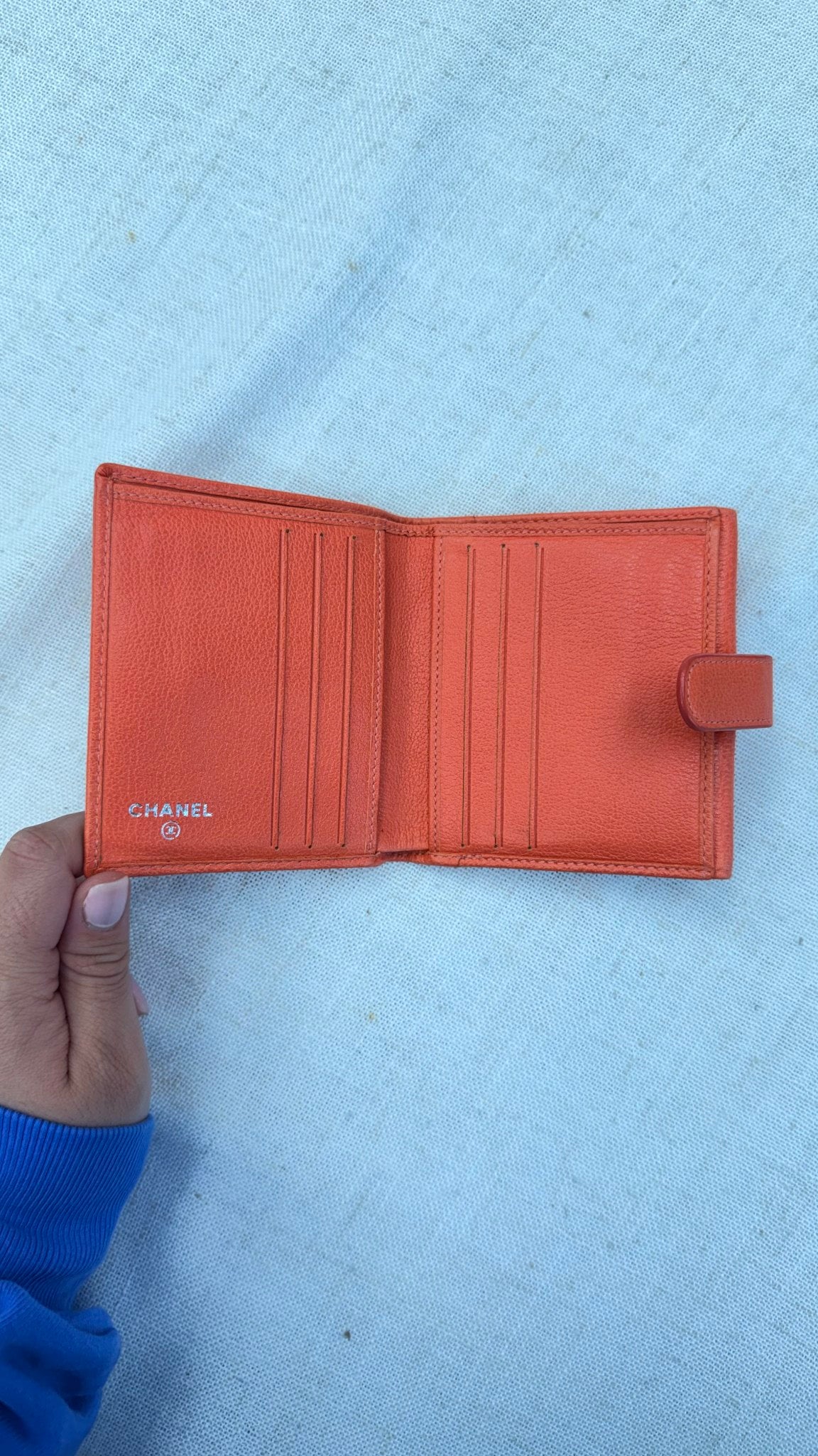 Chanel Orange Leather Camellia Compact Wallet 