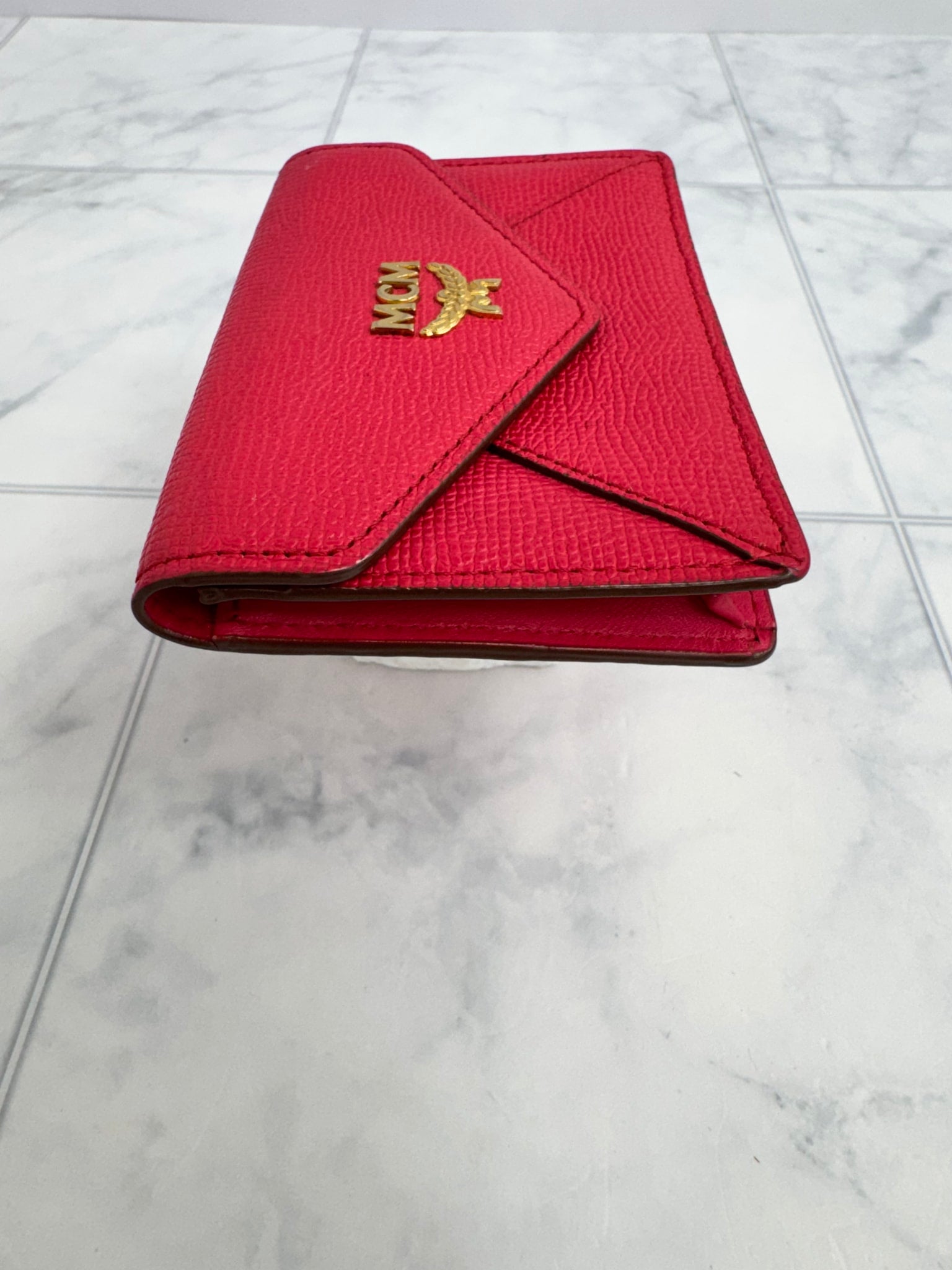 MCM Red Grained Leather Envelope Card Case
