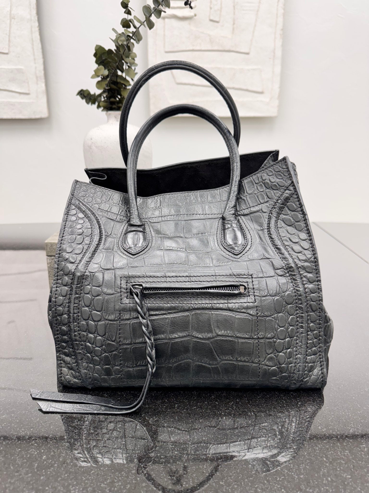 Celine Black Croc Embossed Medium Phantom Handbag