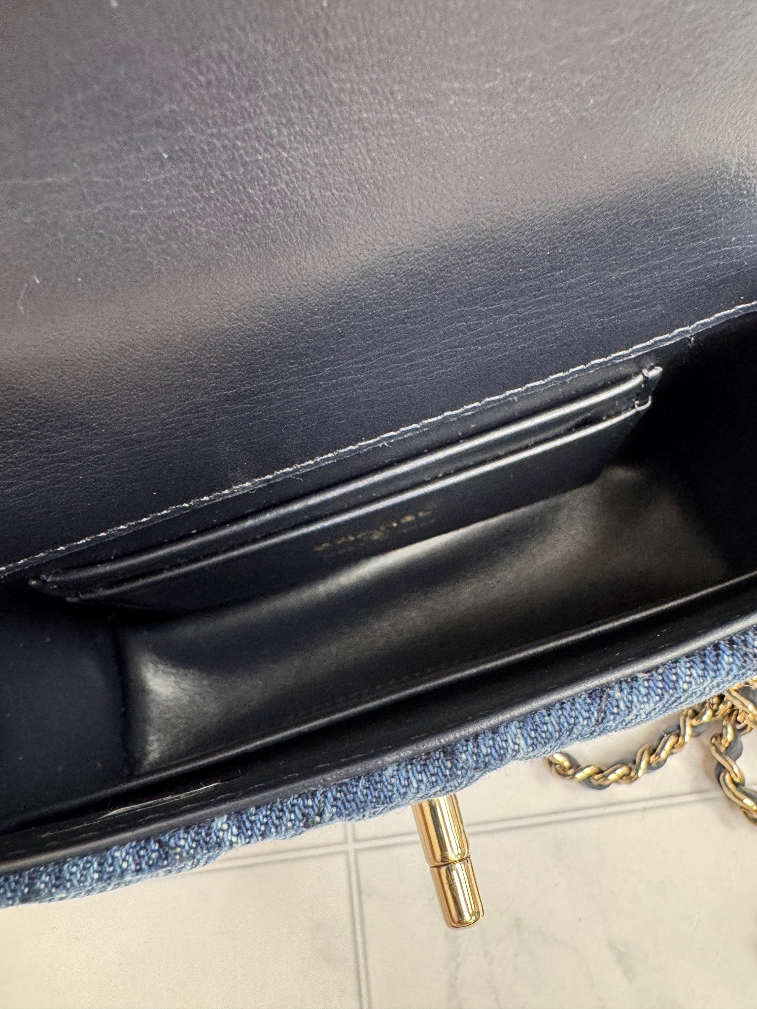 LIKE NEW - Chanel Blue Quilted Denim Coco Mini Top Handle Bag