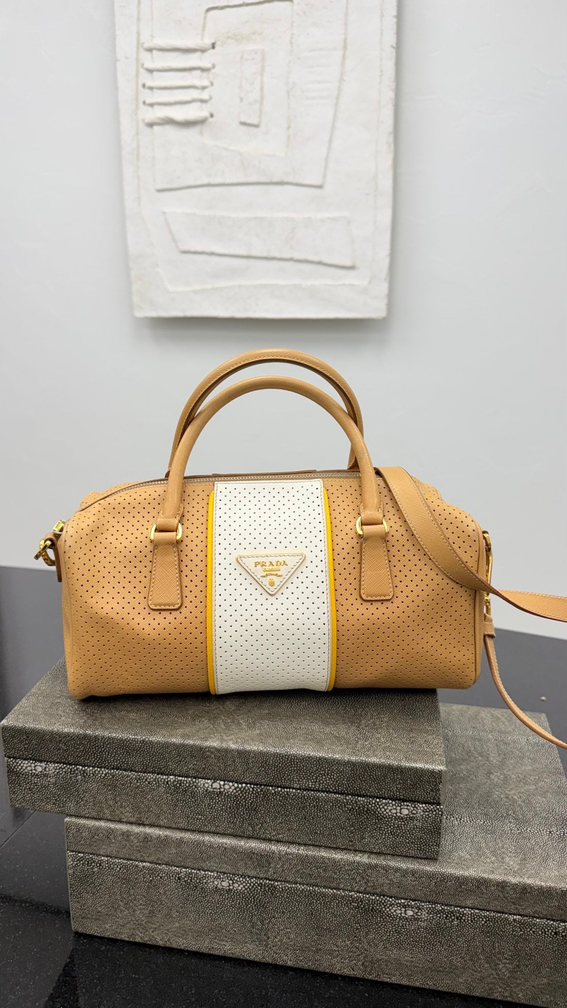 Prada Beige And White Perforated Saffiano Leather Boston Bag